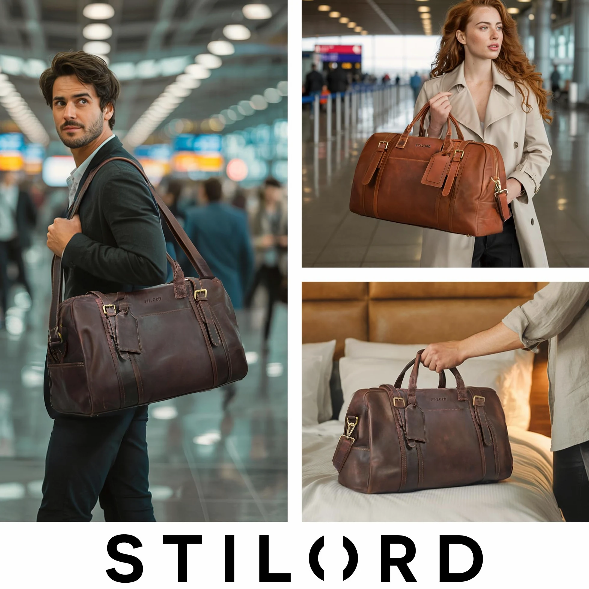 STILORD Vega Vintage Bolsa Viaje Piel Marrón Pequeño Bolso de Viaje Cuero Genuino Bolsa Fin de Semana Mujer Hombre Deporte Duffle Bag con Asa y Bandolera 34 L, 50x23x30