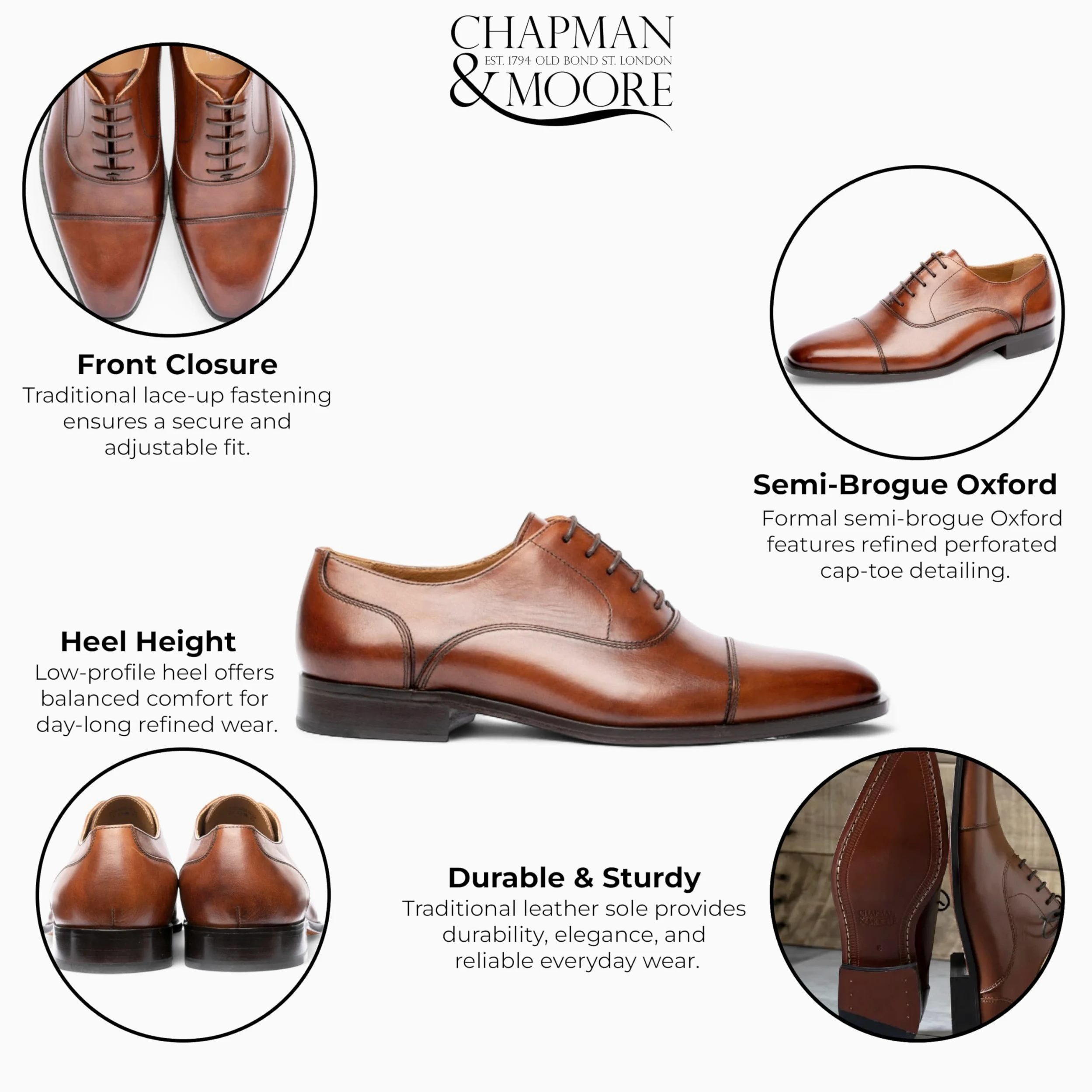 Chapman & Moore - Zapatos de vestir Oxford de cuero liso marrón para hombre
