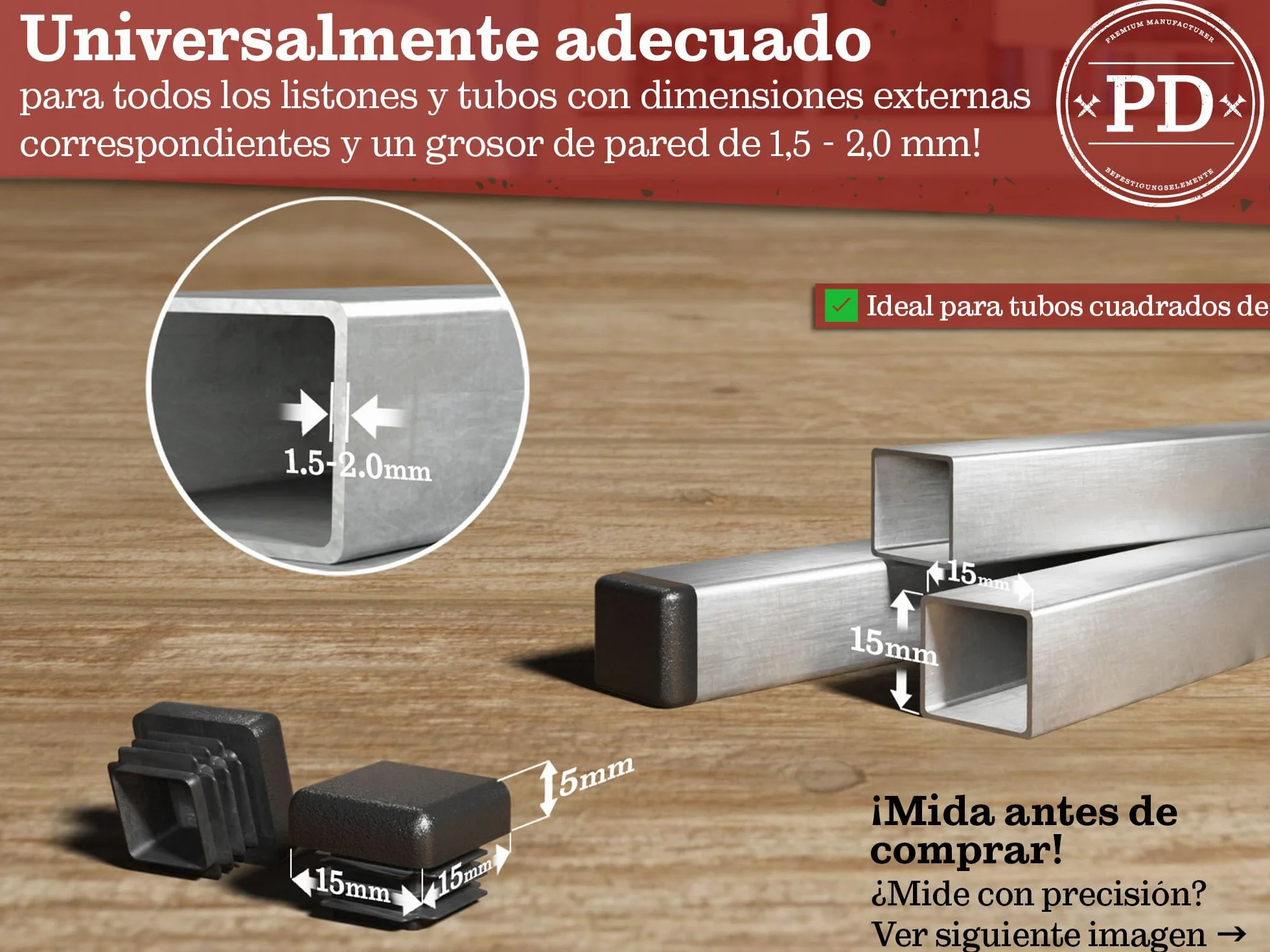 Tapones laminares 15x15mm para tubo cuadrado de plástico PE negro 10 pcs