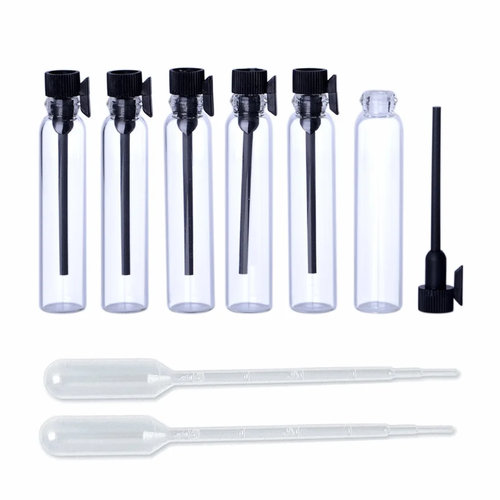 Muestras de perfume mini botellas de vidrio vacías con tapa negra (1 ml) para viajes y fiestas