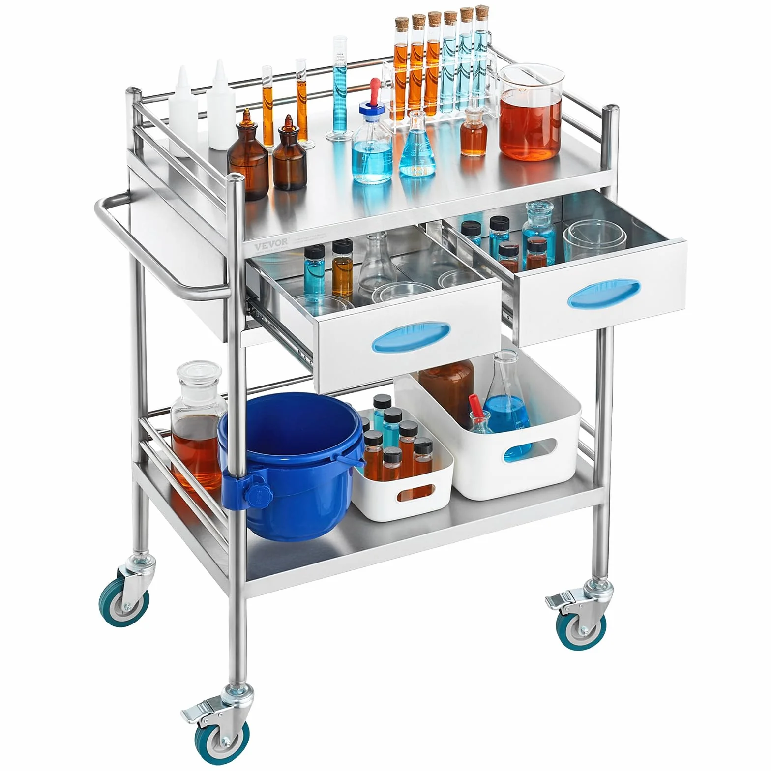 VEVOR Carrito de Médico 2 Capas 2 Cajones 59,9 x 42,9 x 85,1 cm Acero Inoxidable 4 Ruedas Omnidireccional