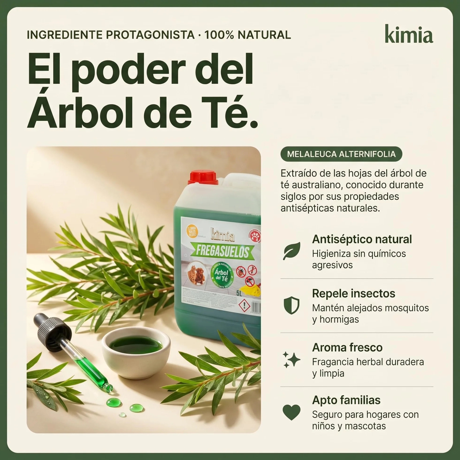 KIMIA Fregasuelos Profesional 5L Limpiasuelos Mascotas Repelente Insectos Concentrado Esencia de Árbol de Té Multisuperficie