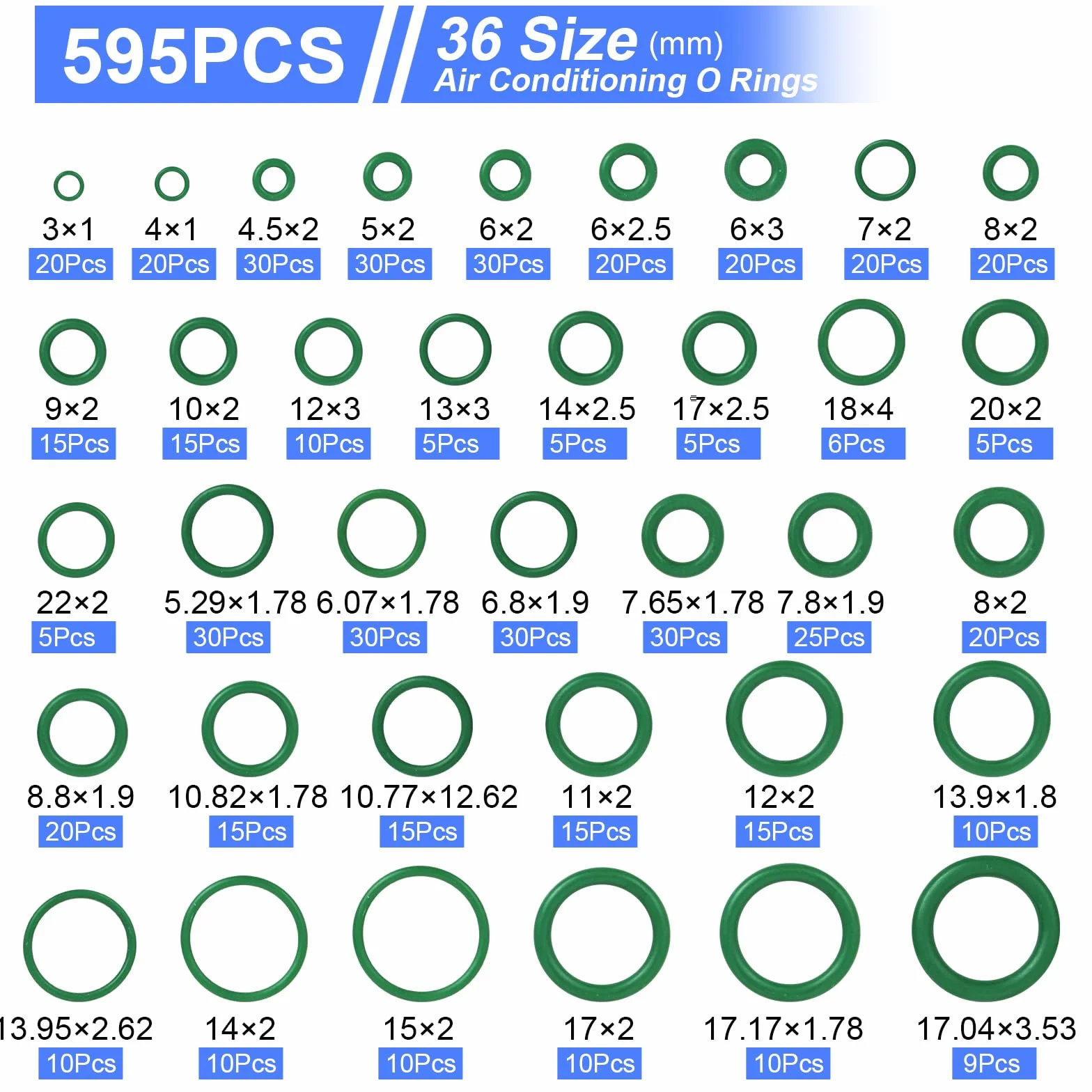 Juntas Toricas de Goma Nitrilo HOWAB 595PCS 36 Tamaños Ø 3mm-22mm para Aire Acondicionado Coche