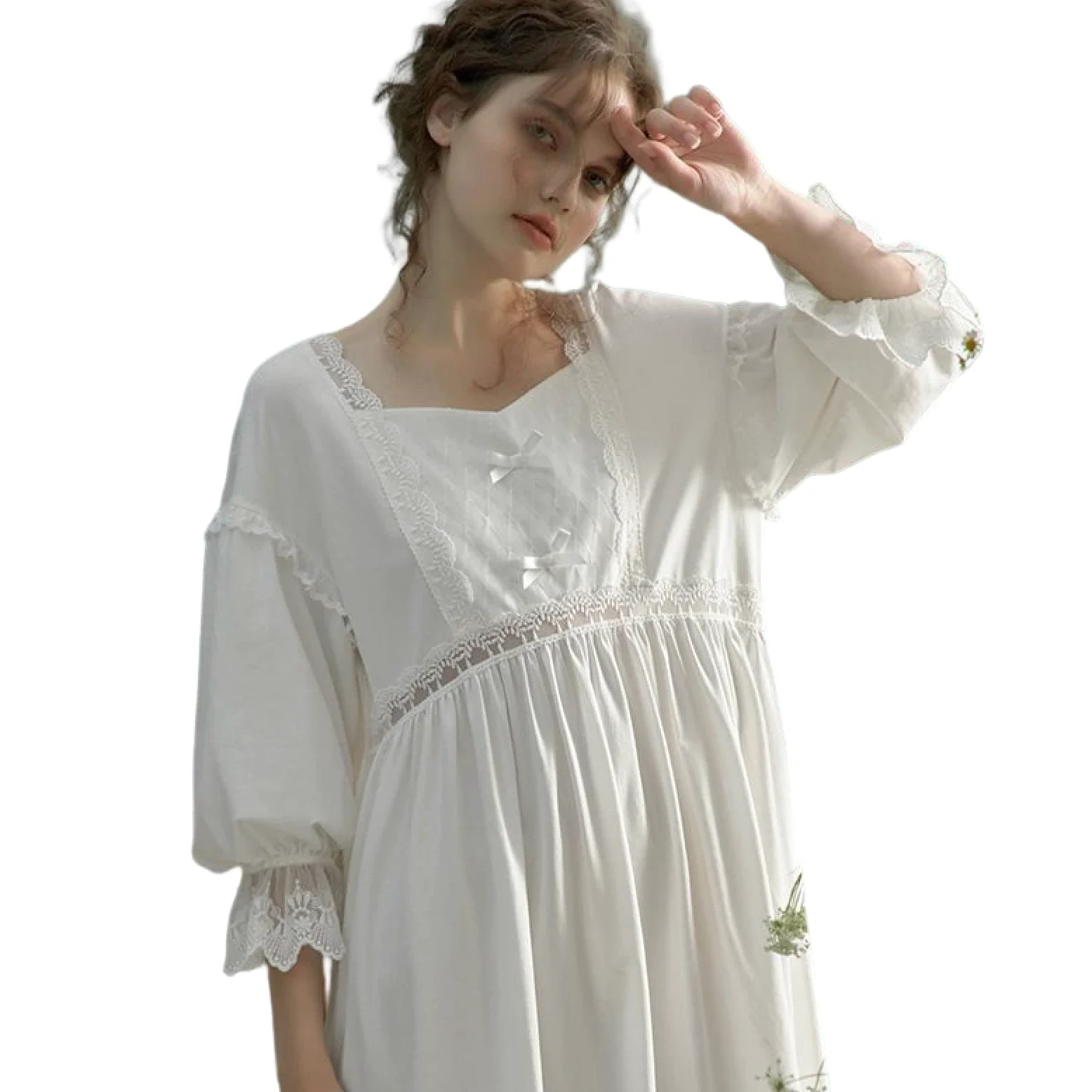 OFFSUM Camisón De Pijama De Mujer - Dulce Moda Algodón Encaje Bowknot Color Sólido Camisón Elegante Primavera Verano Ropa De Dormir Vestido Loungewear