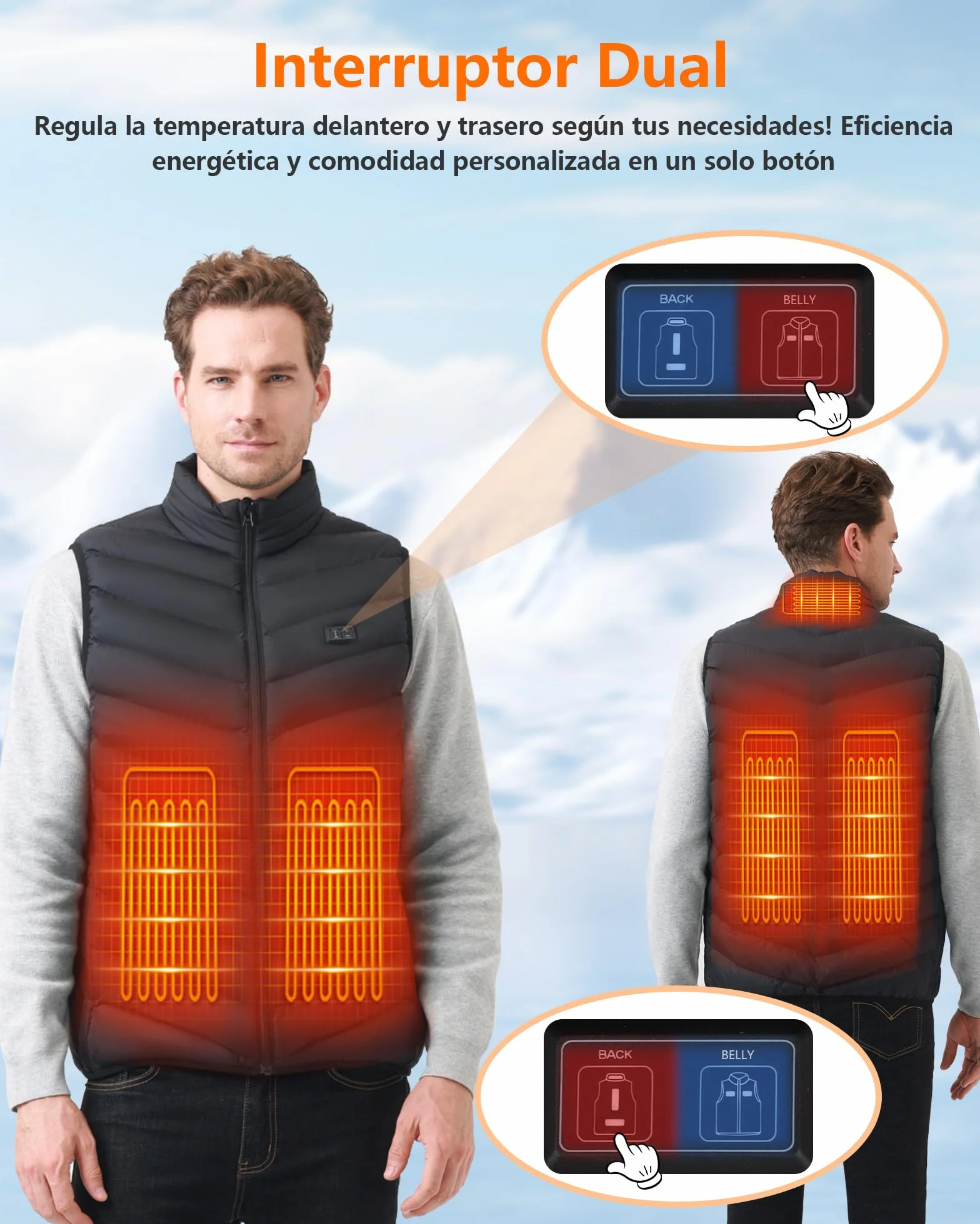 Chaleco Calefactable Hombre con Batería De 10000 mAh, 3 Temperaturas, 5 Zonas de Calentamiento, Chaqueta Calefactable con Carga USB, para Esquí, Motociclismo, Senderismo y Pesca