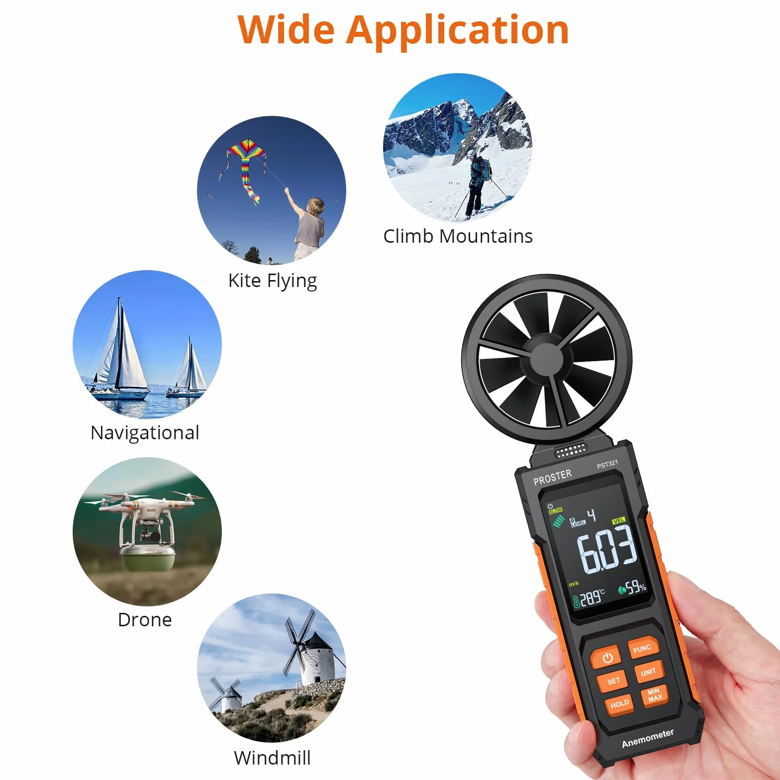 Proster Anemómetro Portátil Medidor de Velocidad del Viento Digital con CMM CFM Flujo de Aire y Temperatura