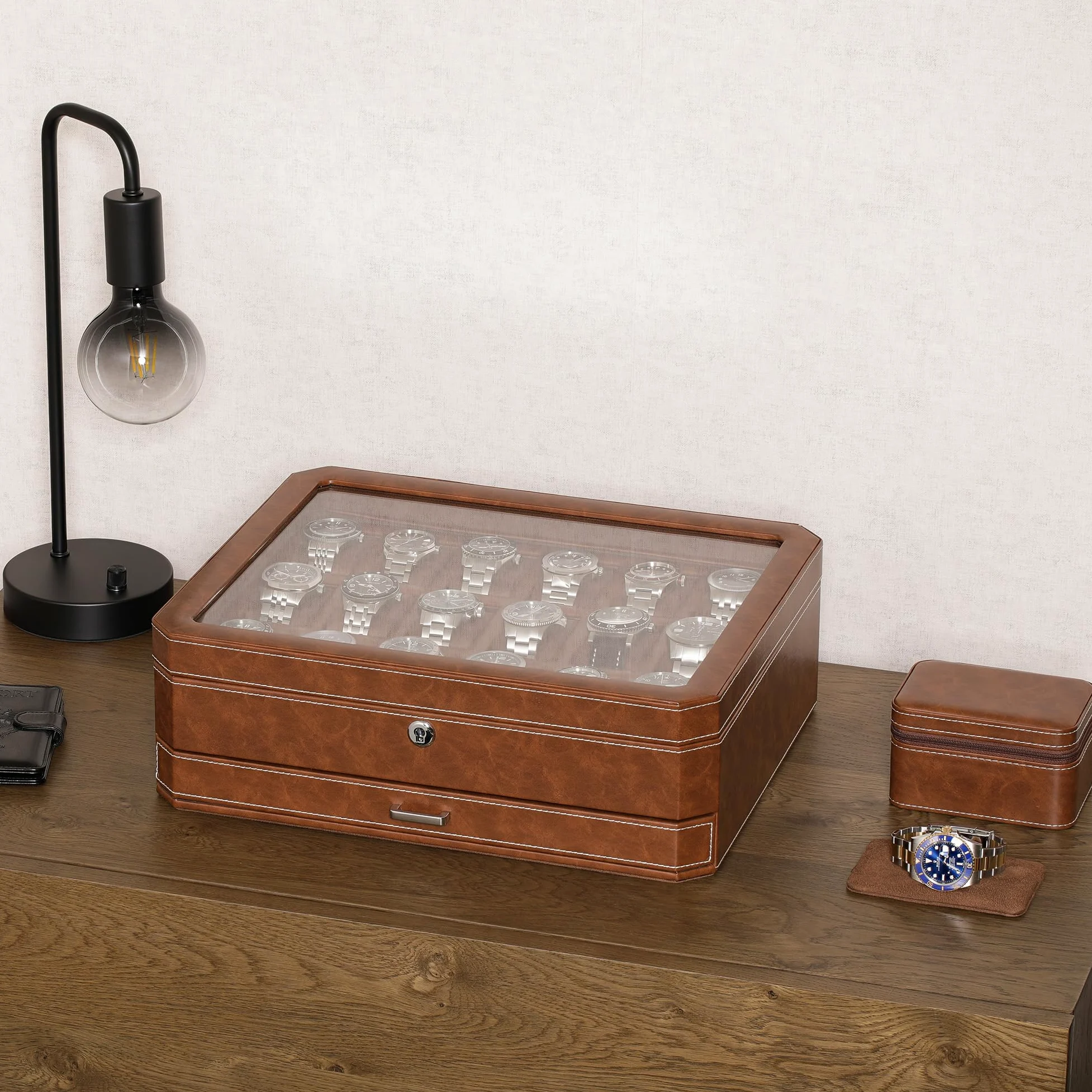 ROTHWELL Caja para 18 relojes con cajón para accesorios (marrón claro/marrón)