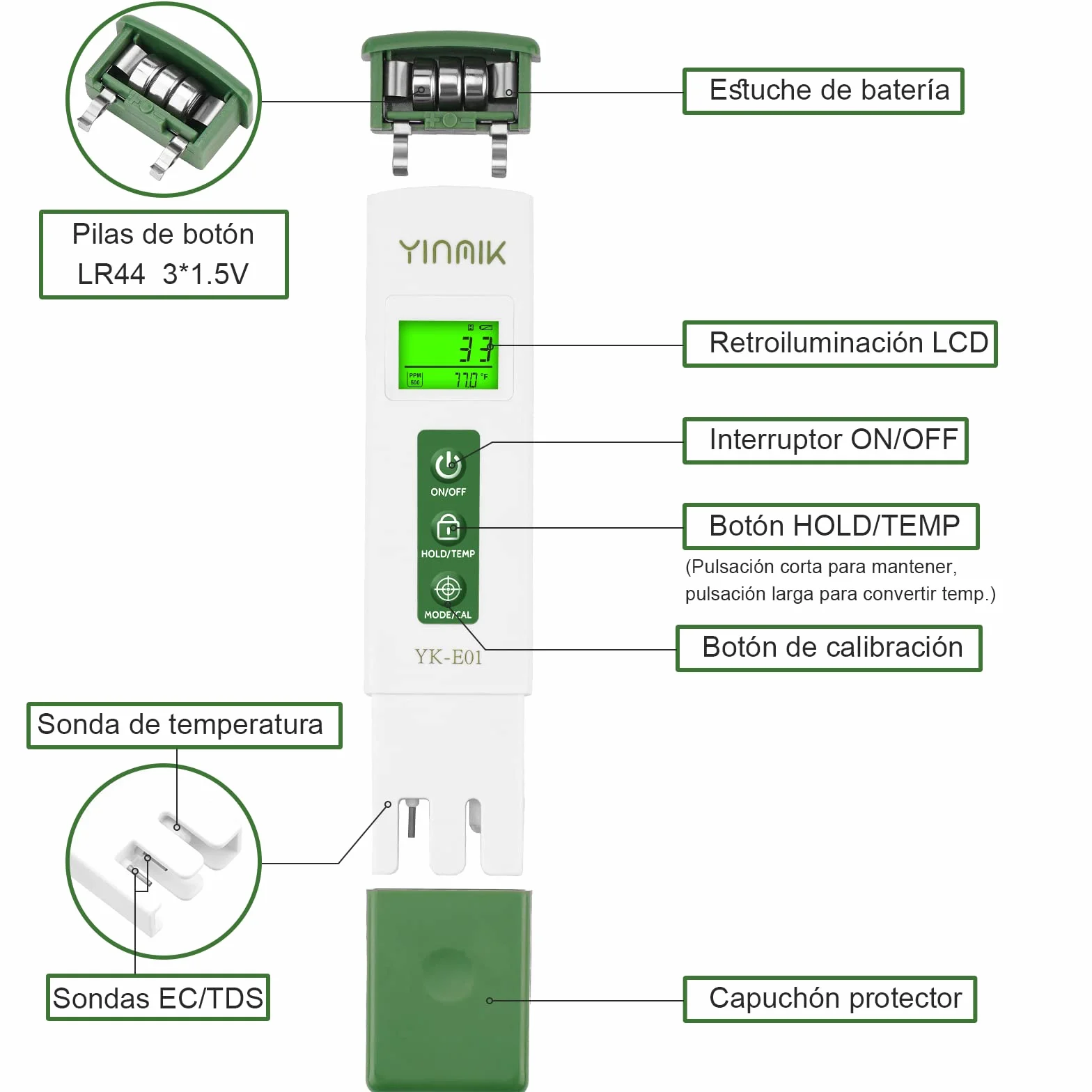 YINMIK Medidor pH y TDS Profesional 4 en 1 Digital Calidad del Agua con ATC