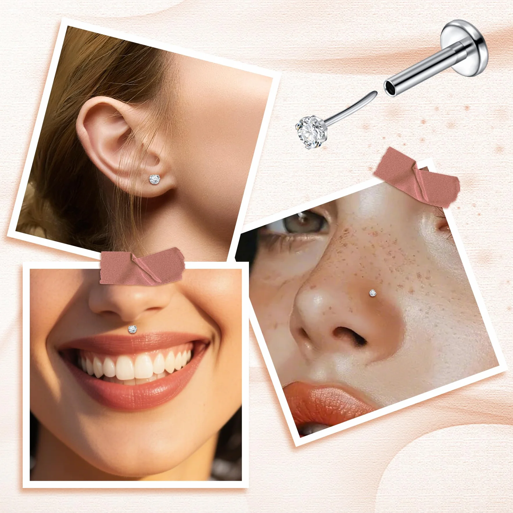 FECTAS Pendientes de titanio para nariz, 16G, 18G, 20G, hipoalergénicos, grado de implante 6, 7, 8, 10 mm, sin rosca, hélice, tragus, labio, labio, parte trasera plana, joyería