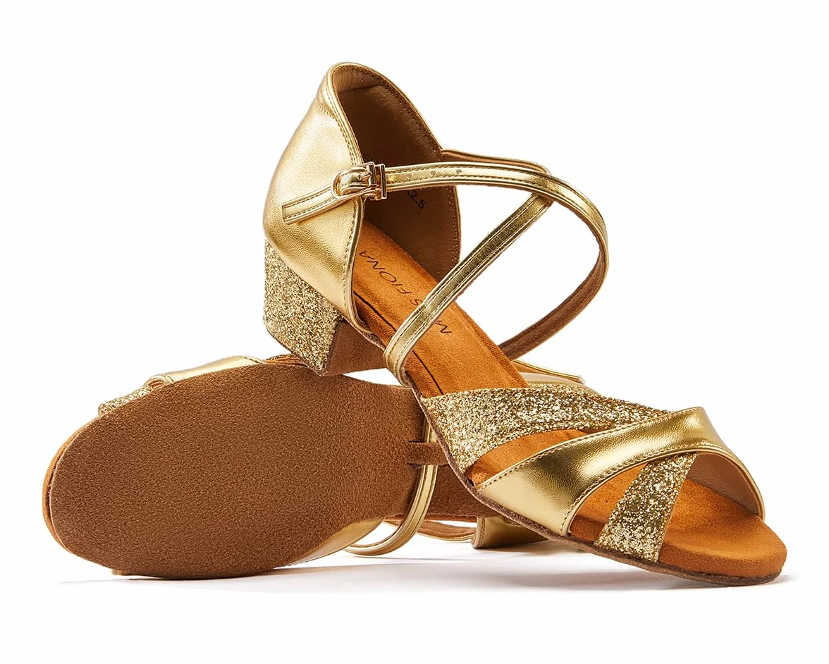 missfiona Zapatos de Baile de Salón para Niñas, Calzado de Danza Latina con Purpurina para Niños/Mujer, 3.5 cm
