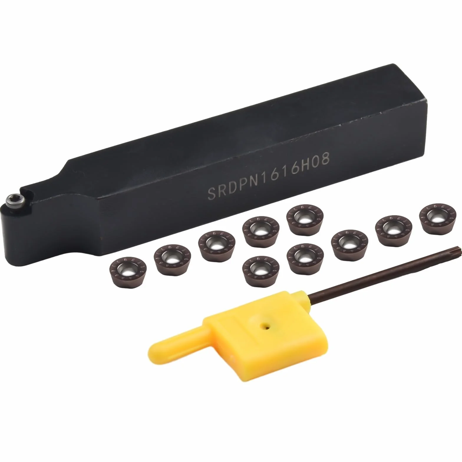 Soporte de herramientas de torneado externo 16x100mm SRDPN1616H08 con 10 insertos RPMT08T2M0E-JS de carburo para acabado