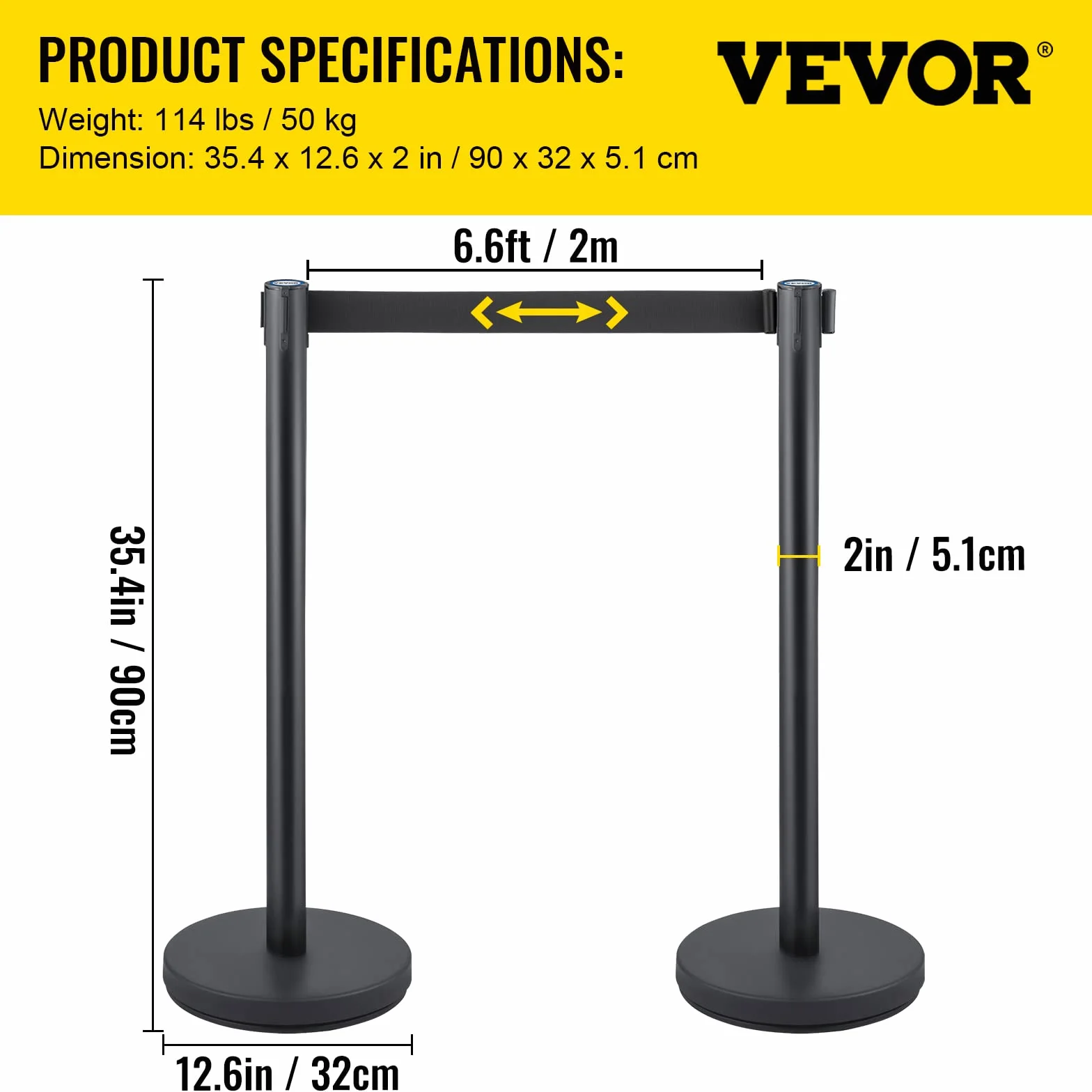 VEVOR Control de Multitudes Stanchion, Juego de 8 Piezas, Barrera con Correa Retráctil Negra de 2 m, Base de Hormigón y Metal