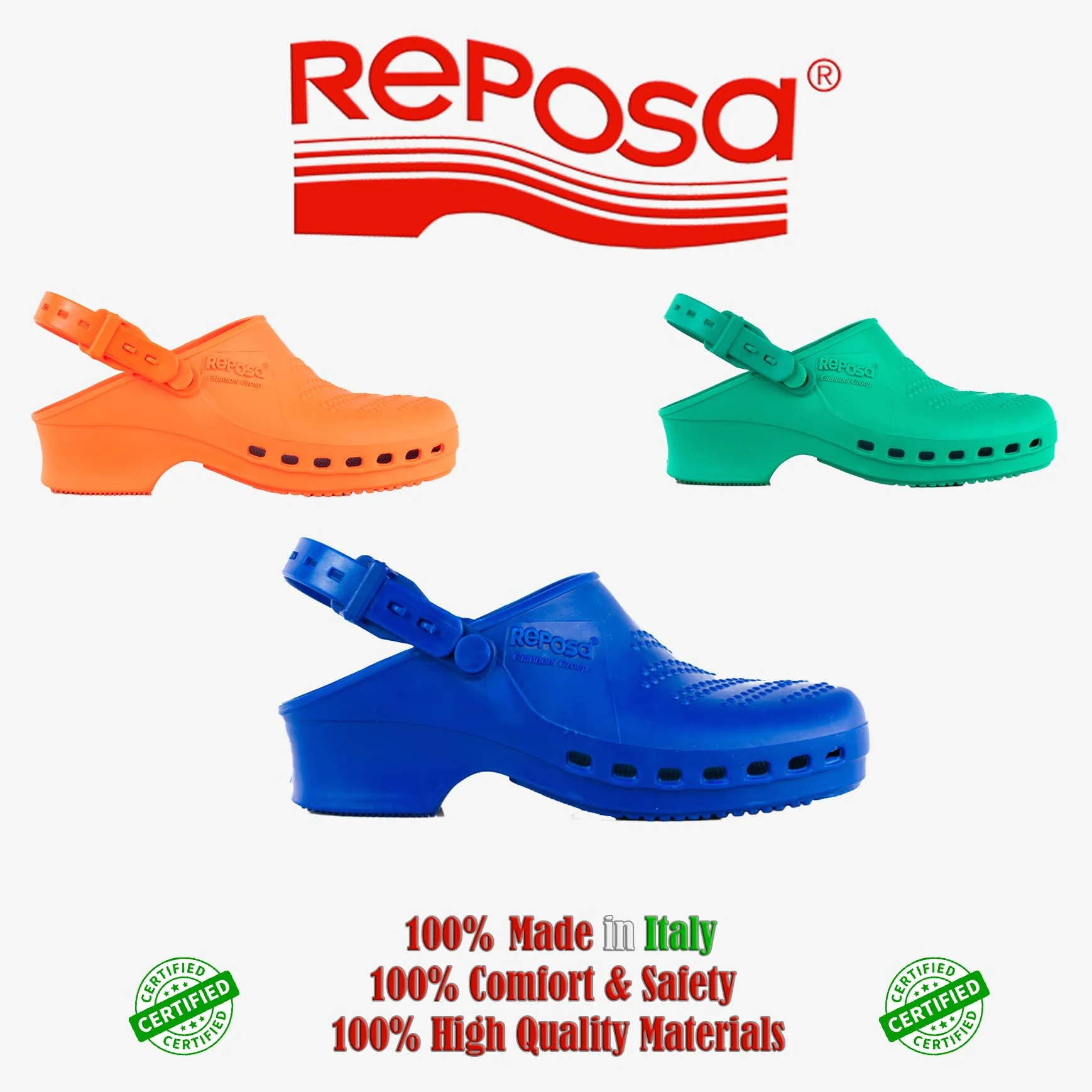 REPOSA Complete - Zuecos Sanitarios Mujer y Hombre en Goma SEBS Sin Látex, Zuecos Enfermera Anatómicos con Correa Trasera Ajustable, Zapatos Sanitarios Esterilizables, Antishock y Transpirables