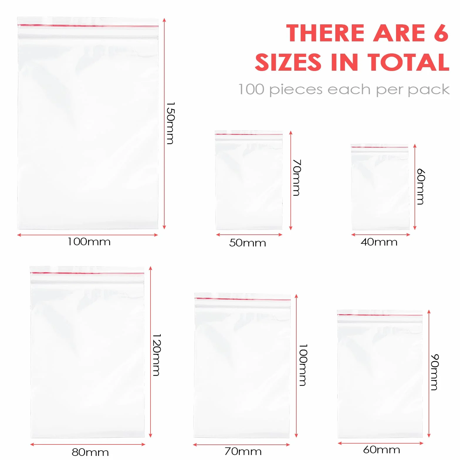 Bolsas Zip 600 Pcs 6 Tamaños Plástico Transparente Autocierre Herméticas Ziplock Bags Reutilizable Almacenamiento