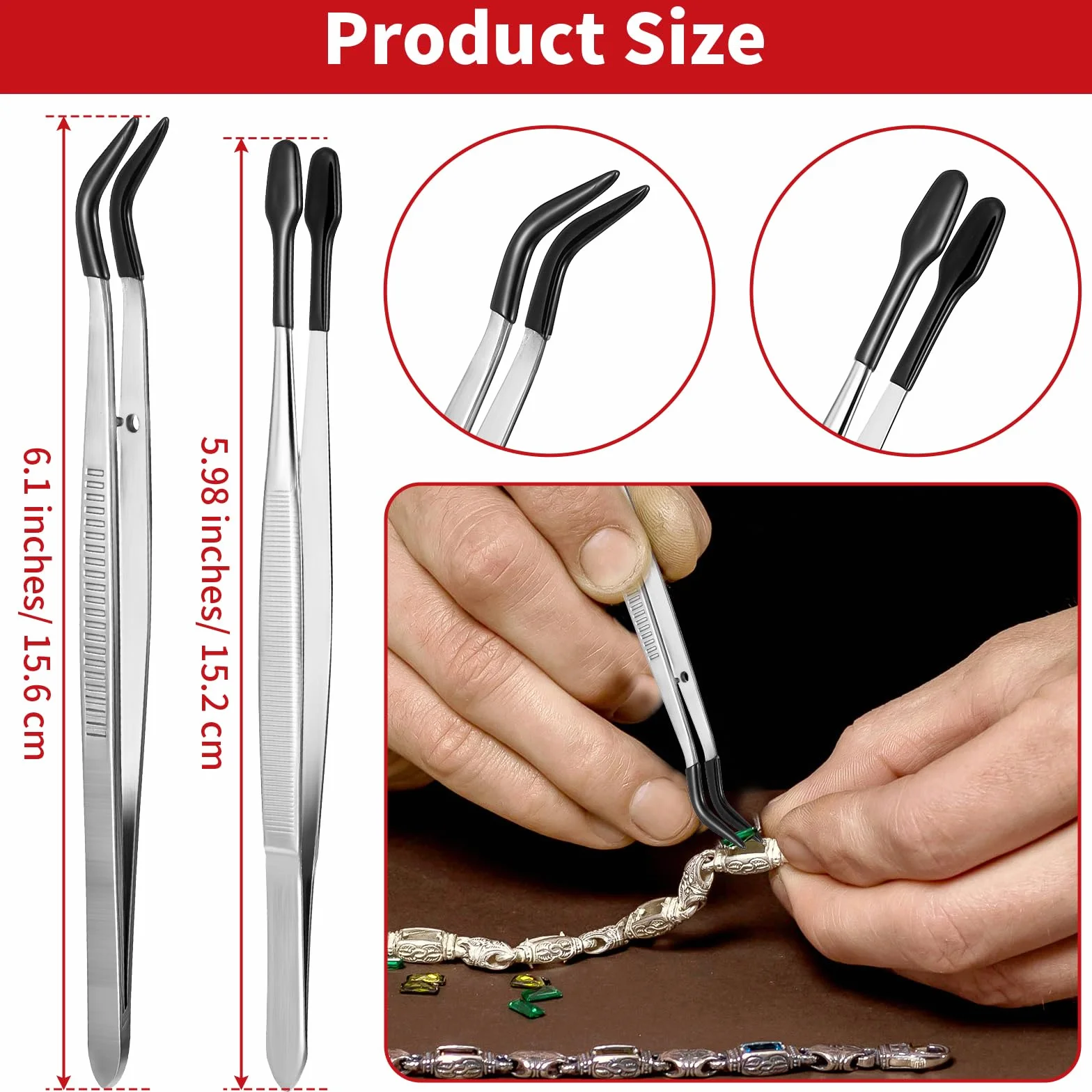 Pinzas largas de plástico con puntas de goma y revestimiento PVC, antideslizantes, curvas y angulares, para manualidades y joyería (negro)