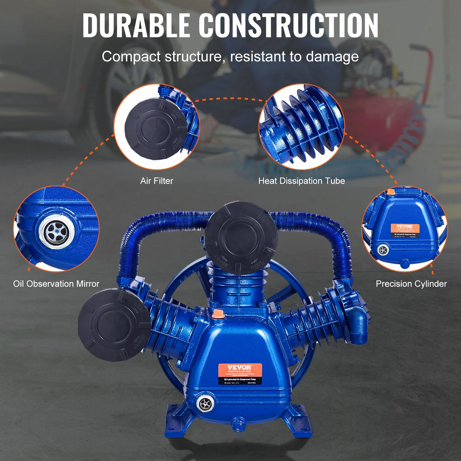 VEVOR Cabezal de Bomba de Compresor de Aire, 10 HP, 17,5 CFM, 185 PSI, Doble Etapa, Hierro Fundido