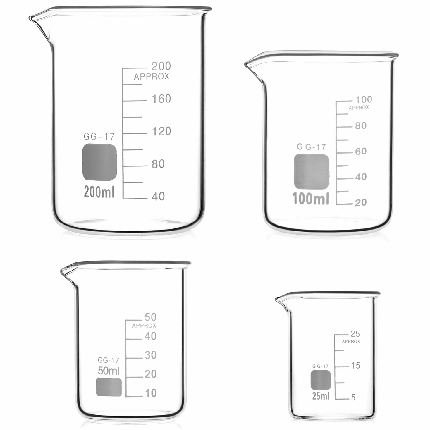 QWORK Vaso de Precipitados Graduado 25ml 50ml 100ml 200ml, Vidrio Borosilicato 3.3 para Laboratorio