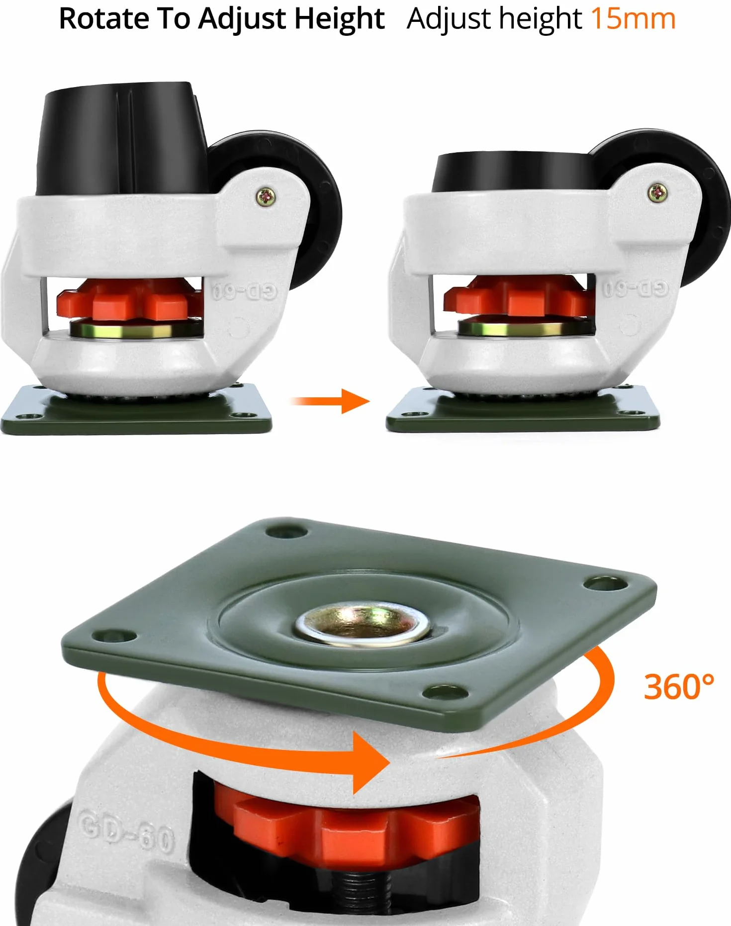 QWORK 4Pcs Ruedas Giratorias 60f, Capacidad de Carga 500 kg, Ruedas de Transporte Ajustables para Muebles