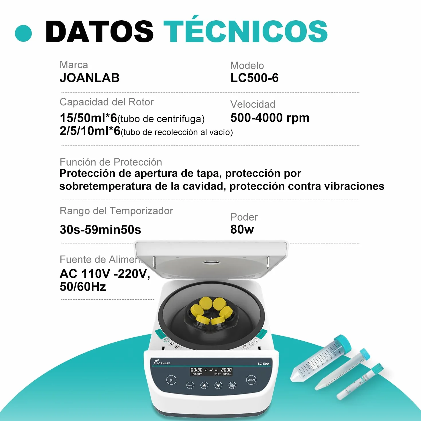 JOANLAB Centrífuga de Laboratorio 500-4000 RPM 2146 xg 9 Programas Temporizador LC-500