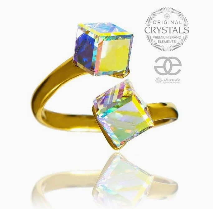 ARANDE Cristales originales hermoso anillo único ajustable Aurora chapado en plata 24K certificado de oro, Cristal