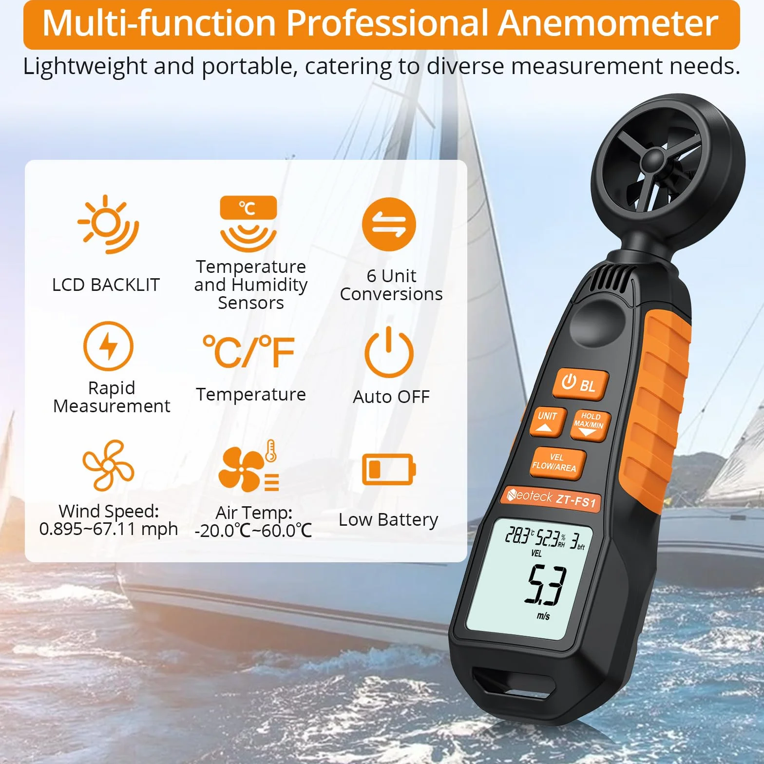 Anemometro Portátil Neoteck Medidor de Velocidad del Viento Digital con LCD Retroiluminación