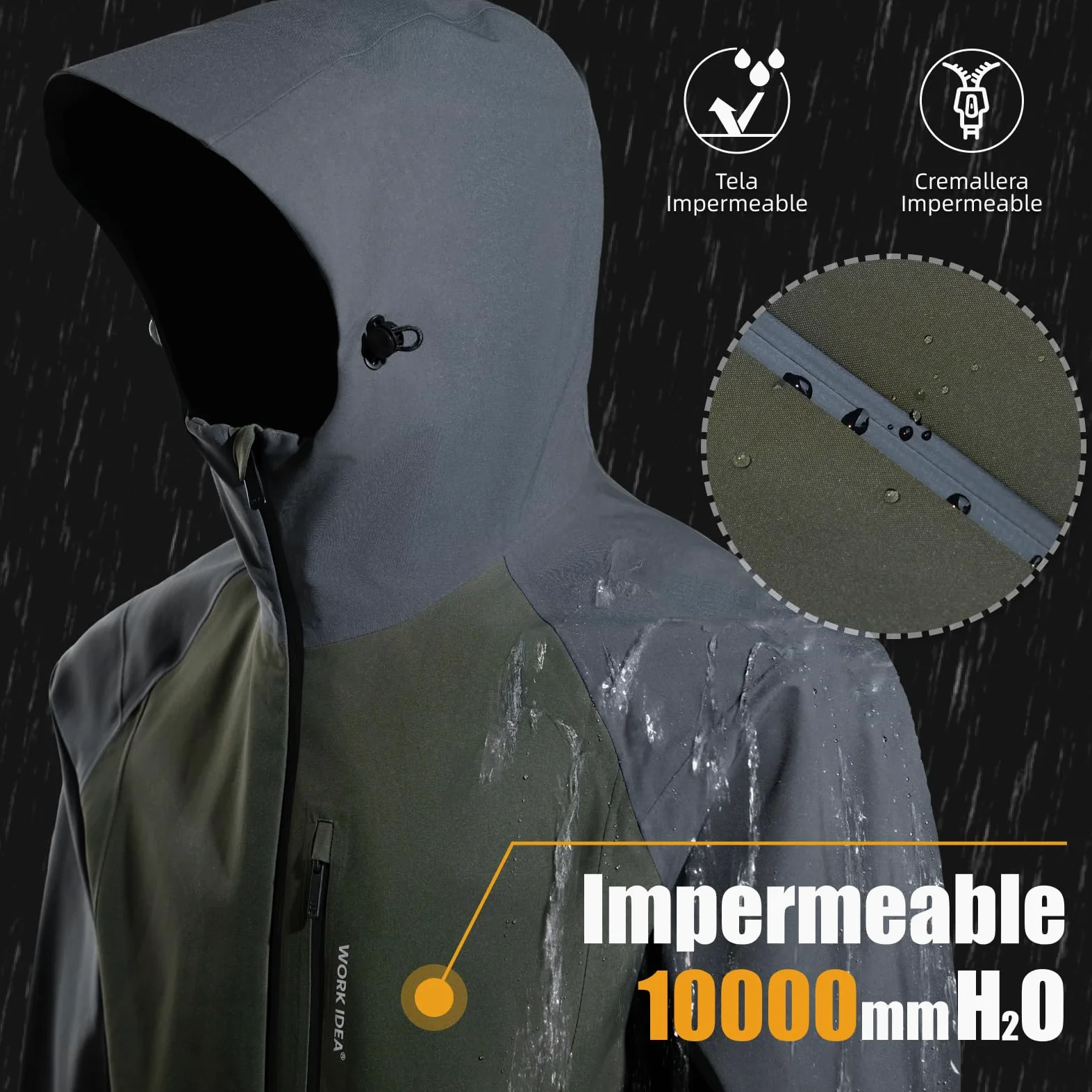 WORK IDEA Chaqueta 3 en 1 para hombre, resistente al agua (columna de agua de 10000 mm), transpirable, resistente al viento con capucha y forro polar interior, chaqueta funcional para senderismo