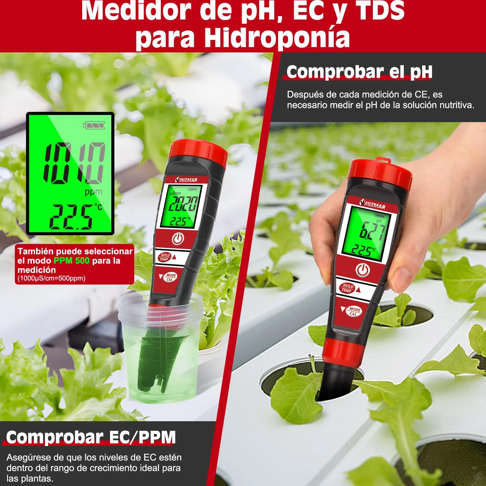 UIUZMAR Medidor de pH EC TDS 4 en 1 para Agua Piscina Hidroponia
