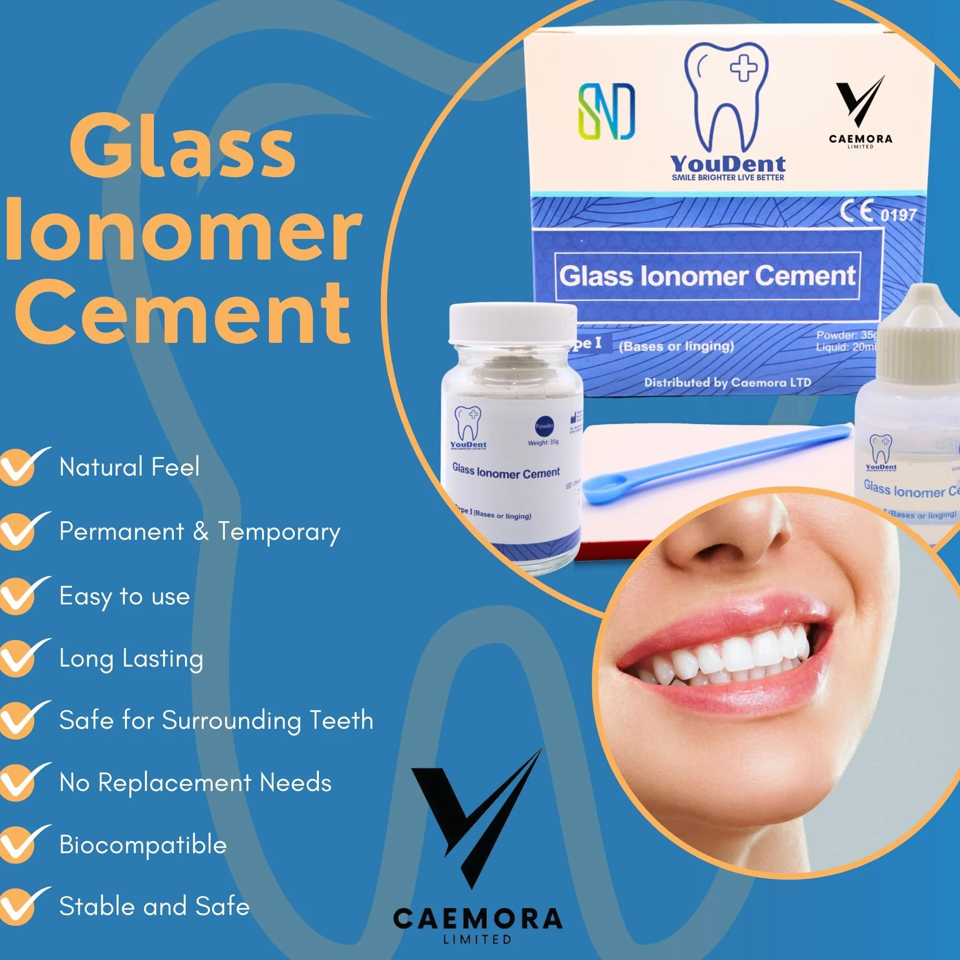 Caemora Kit de reparación dental Cemento dental de ionómero de vidrio Relleno permanente