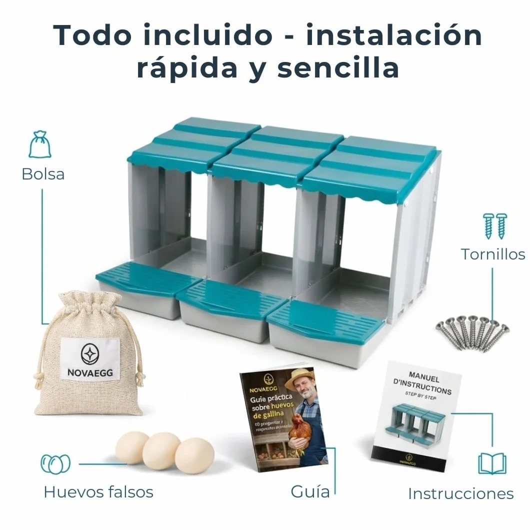 PONEDEROS para GALLINAS con 3 Huevos Falsos, Bolsa de Tela, Manual y Guía de Incubación - Nido Gallinas Ponedoras