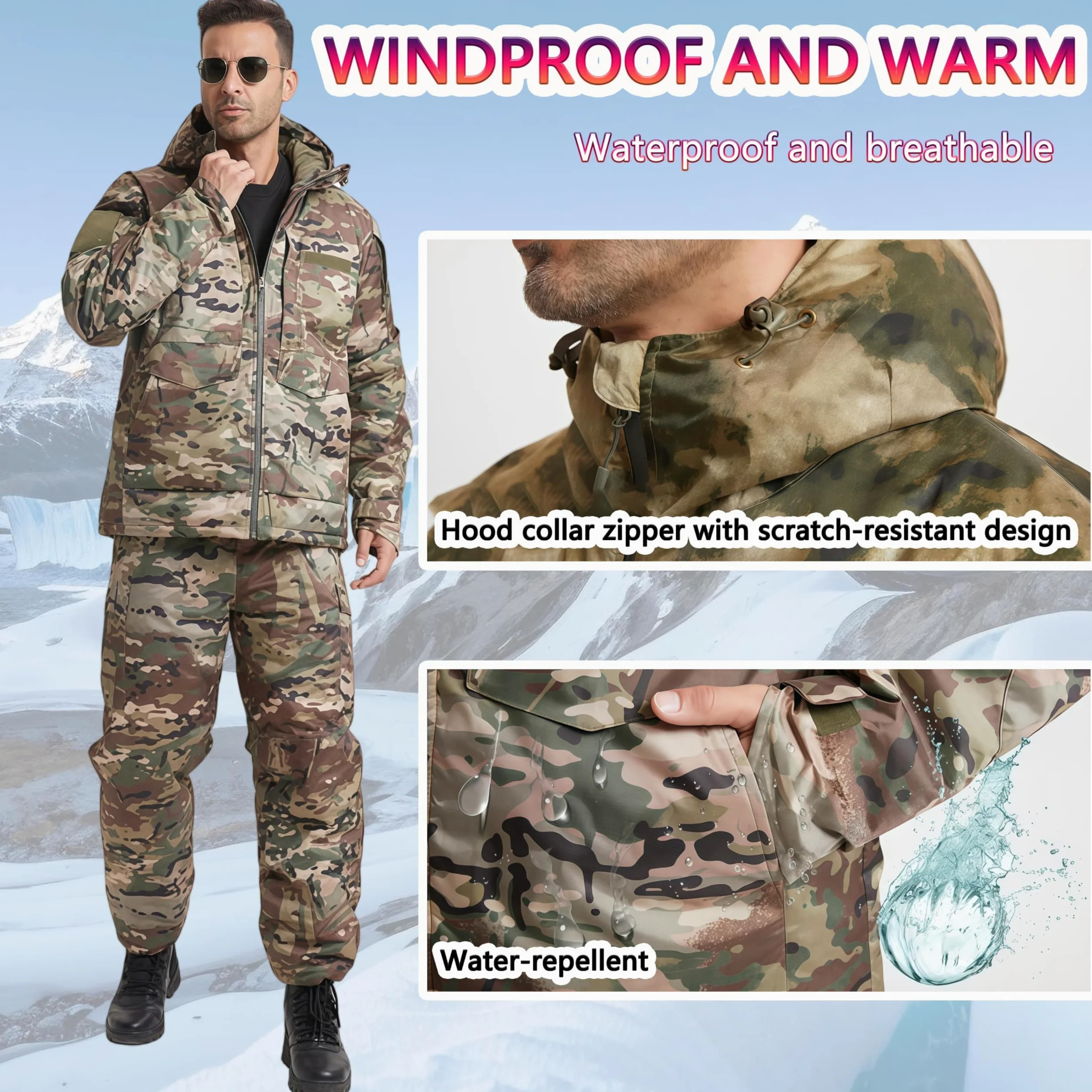 Conjunto de traje de caza impermeable para hombre, chaqueta y pantalones gruesos para entrenamiento de invierno al aire libre