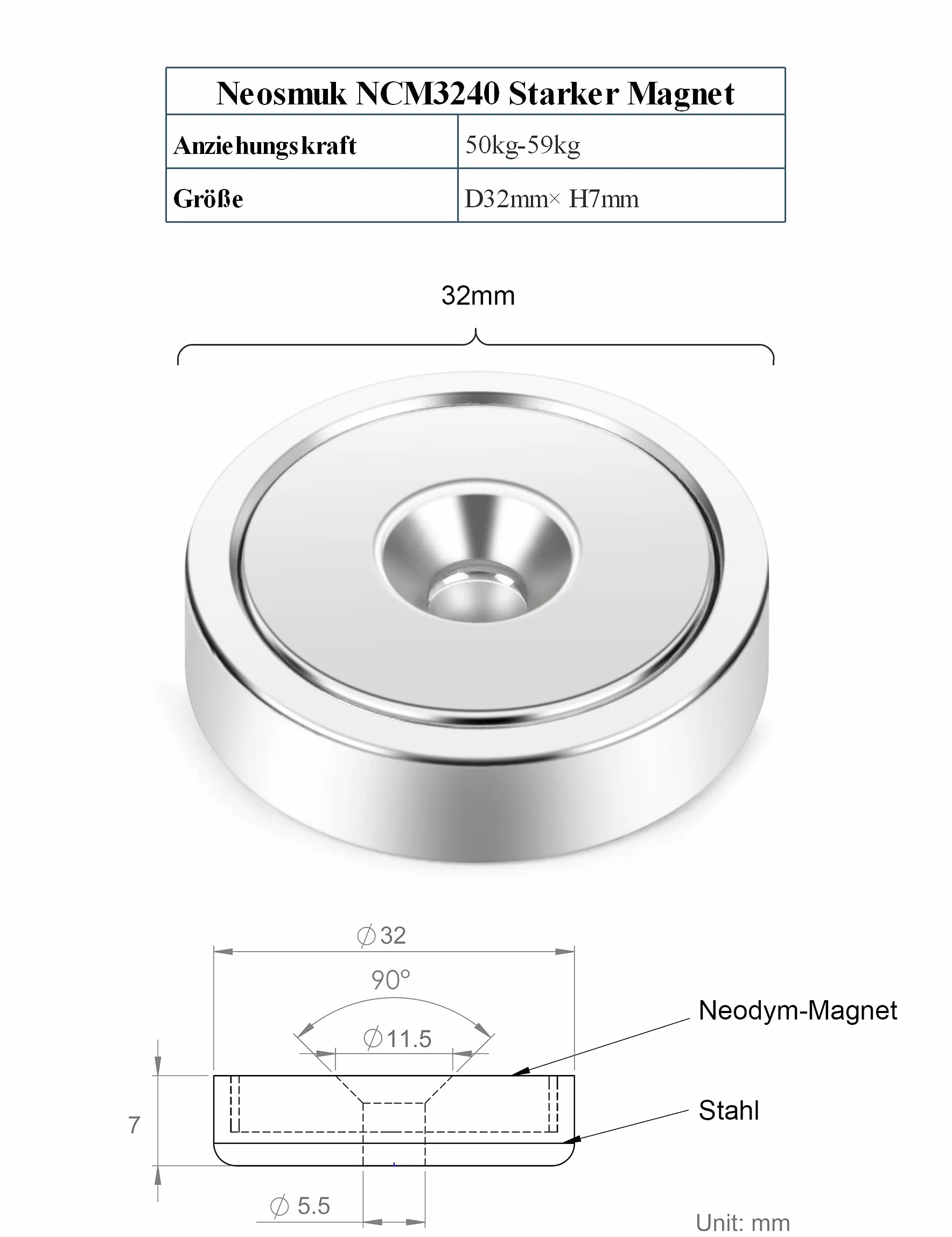 Neosmuk Imanes con agujero avellanado 32 mm base magnética fuerte acero inoxidable