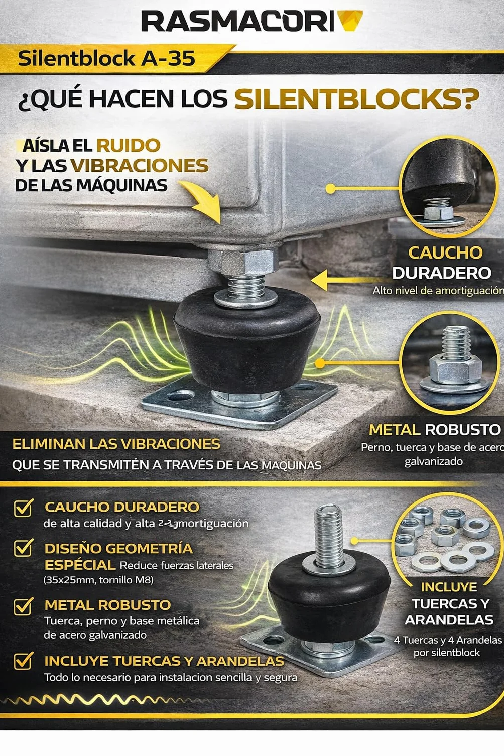 RASMACOR Silentblock A-35 M8 Soporte de Caucho Goma para aislamiento de vibraciones