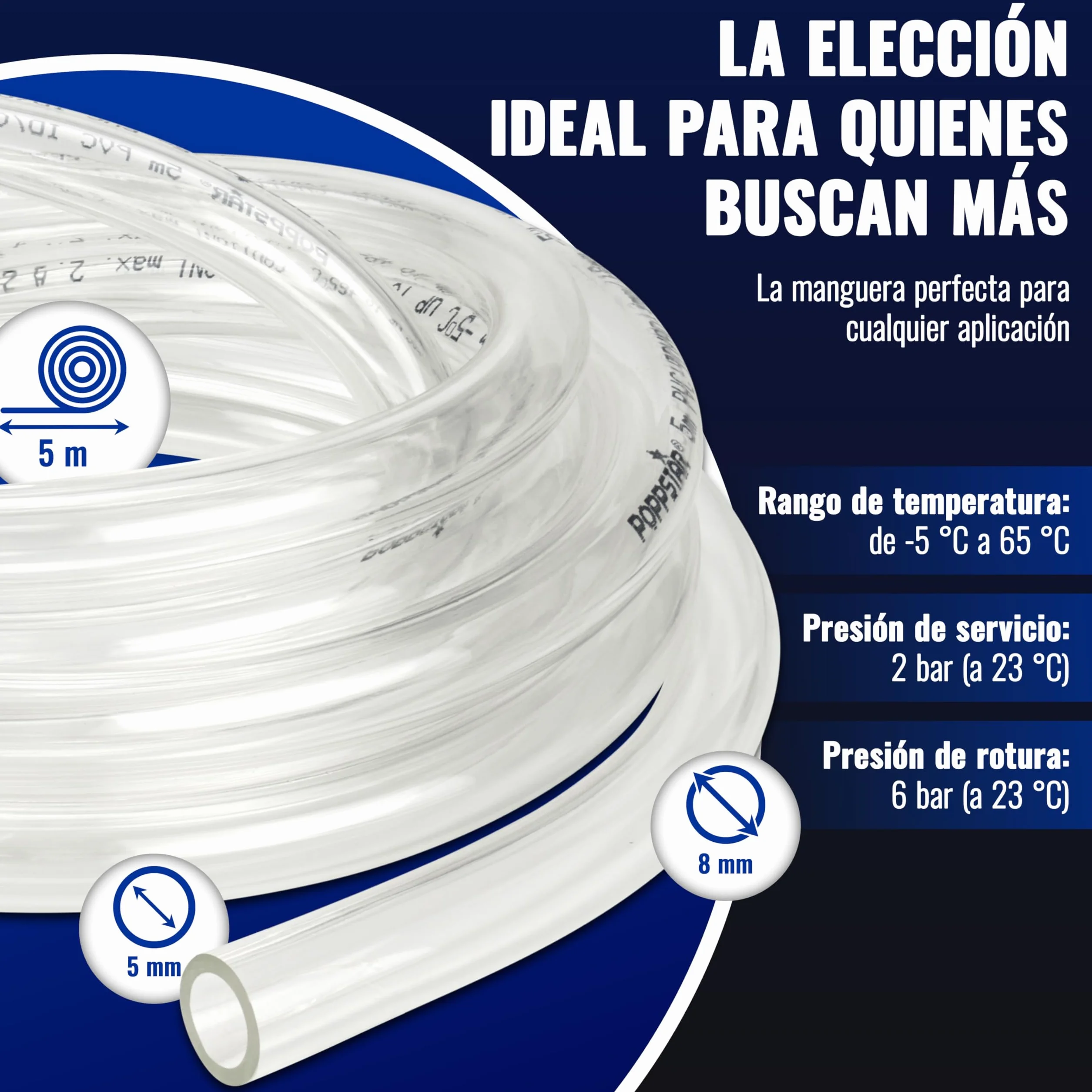 Poppstar Manguera transparente PVC 5m 5/8 mm -5°C a +65°C 2 bar para agua comestible