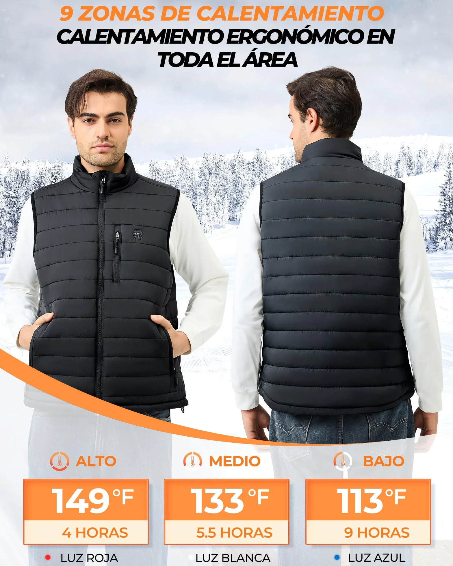 Chaleco Calefactable Hombre con Bateria de 16000mAh - 9 Zonas de Calefactable y 3 Temperaturas Ajustables,Termico Calefactable para Actividades al Aire Libre