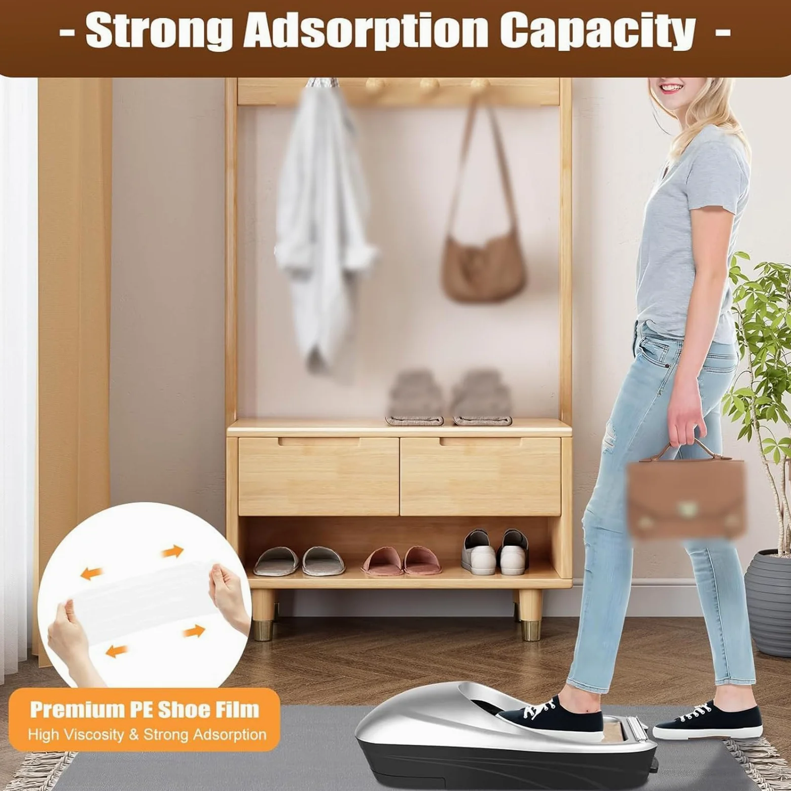 Dispensador automático de fundas para zapatos, 1 rollo de película de polietileno, protector de suelo antideslizante manos libres para el hogar, oficina, clínica