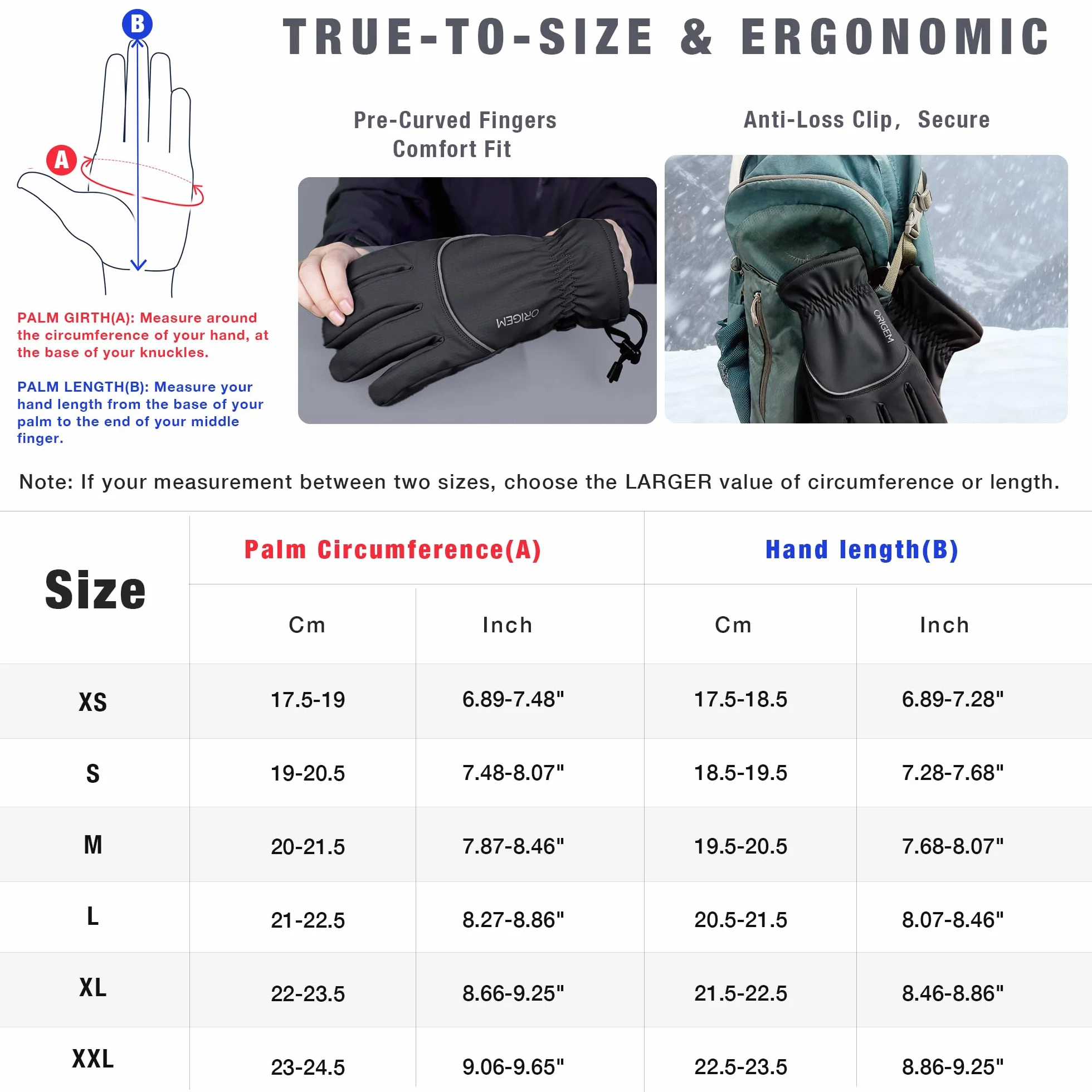 Origem Guantes Moto Invierno por Hombre Mujer, 3M Thinsulate Termicos Esqui Guantes Nieve Impermeables Felpa Pantalla Táctil Frio por Ciclismo, Running,Camping,Bicicleta,Senderismo,Esquiar