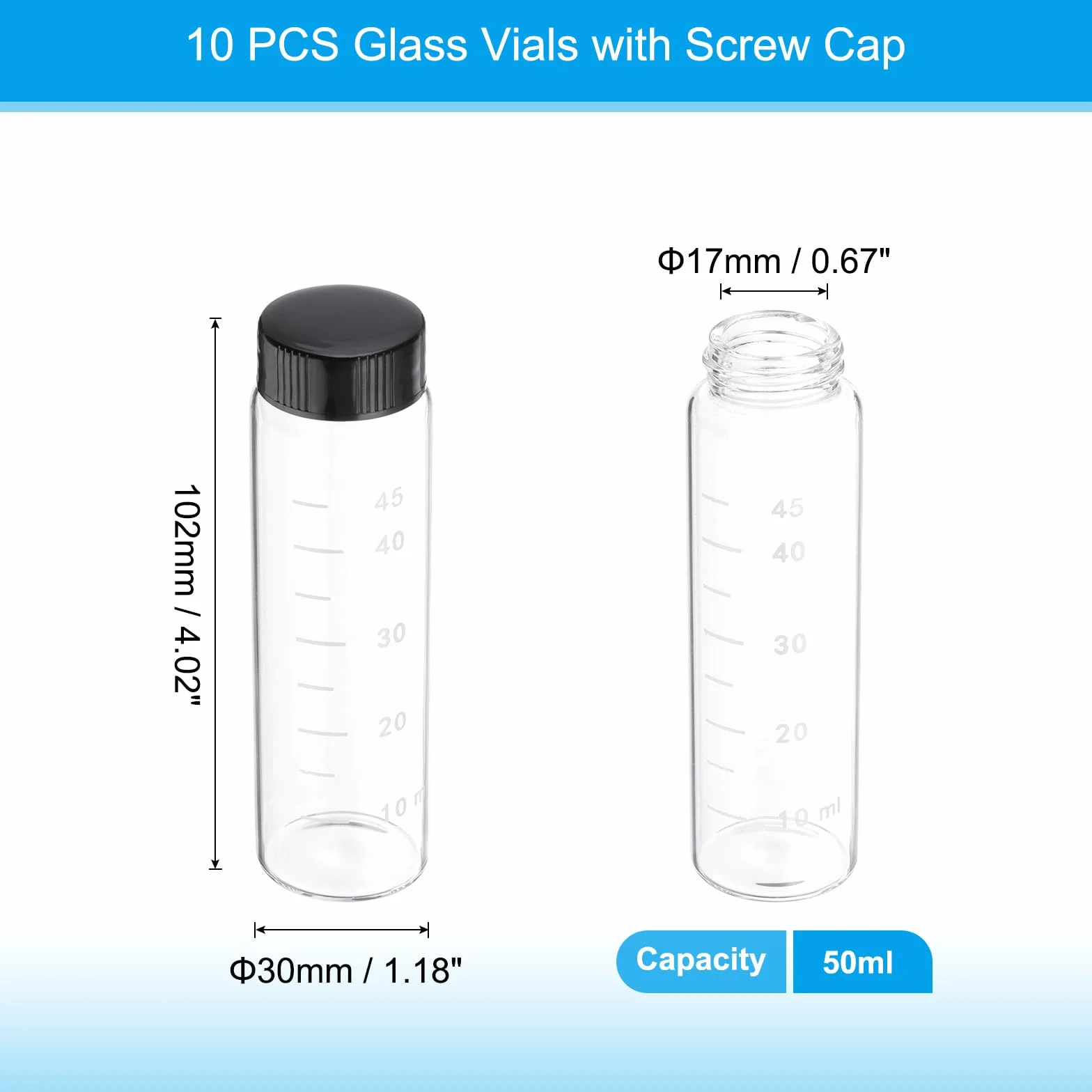 PATIKIL 10 Piezas 50 ml Viales de Vidrio Transparente con Tapa de Rosca Negra, Botellas de Muestra Graduadas de Vidrio Borosilicato
