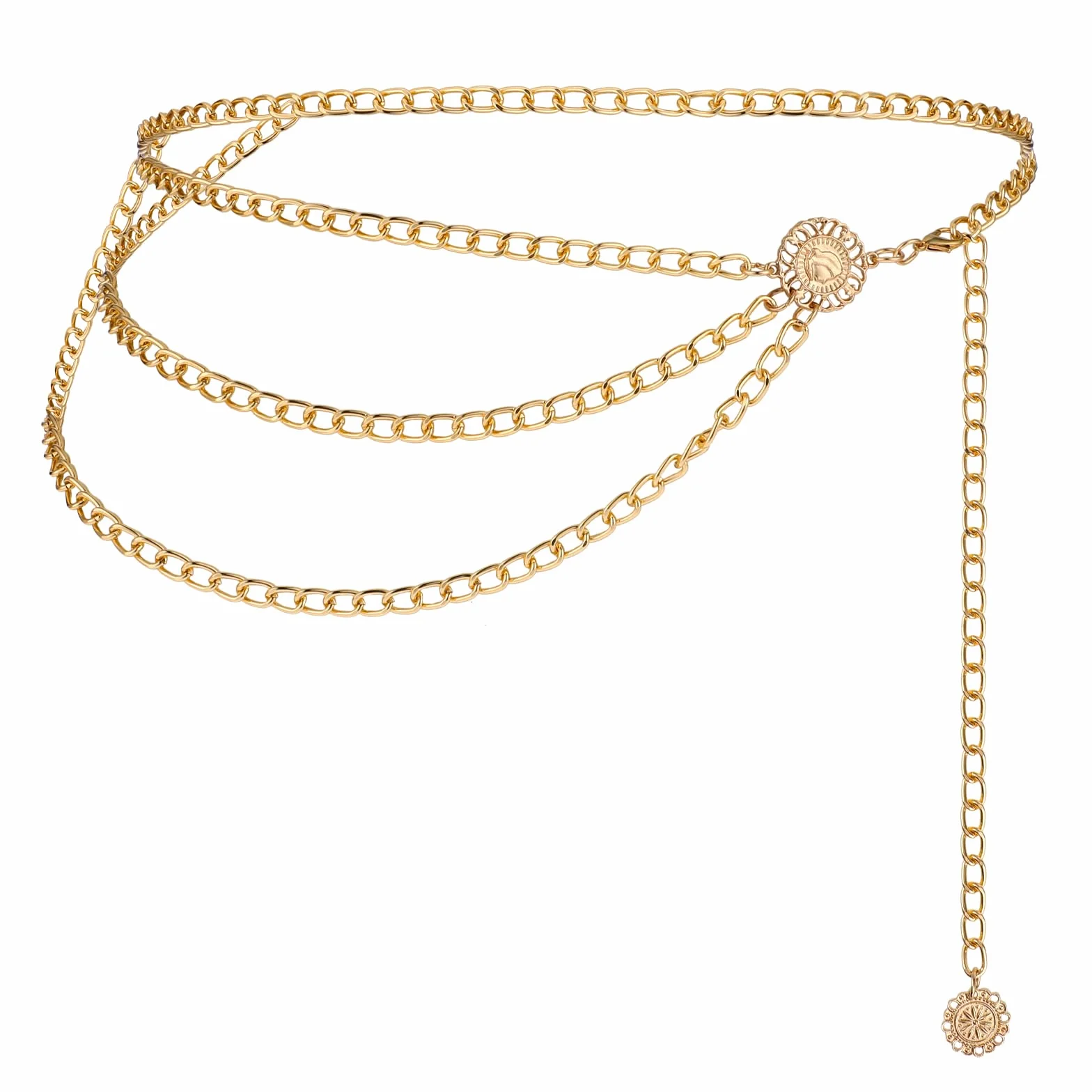 JIEYAO Cinturón de cadena de metal multicapa para mujer, cinturón de metal para vestidos, cadena de vientre ajustable, cinturón largo para pantalones vaqueros