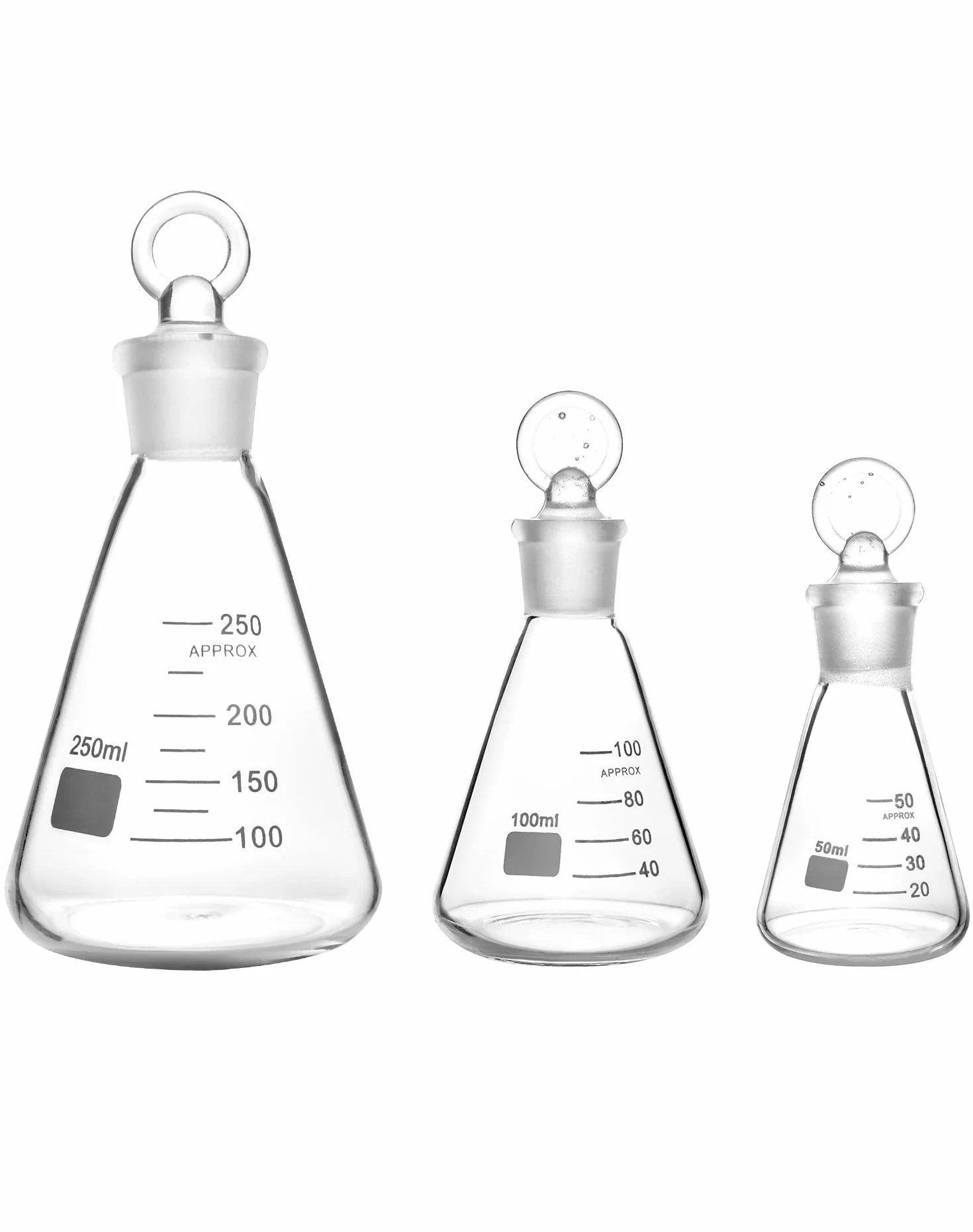 QWORK Conjunto de Matraz Erlenmeyer 250 ml 150 ml 50 ml Vidrio Borosilicato Tapón Cristal Laboratorio
