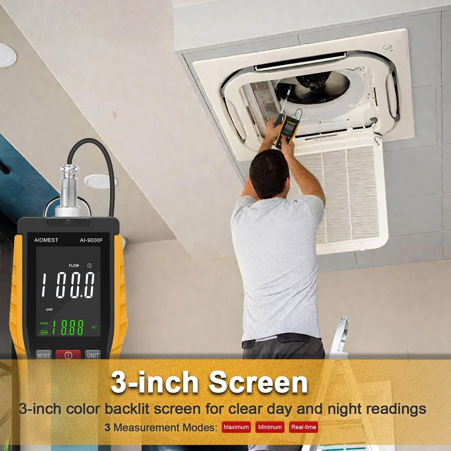 Anemómetro Térmico de Hilo Caliente AIOMEST AI-9000F HVAC Medidor de Viento Velocidad y Temperatura