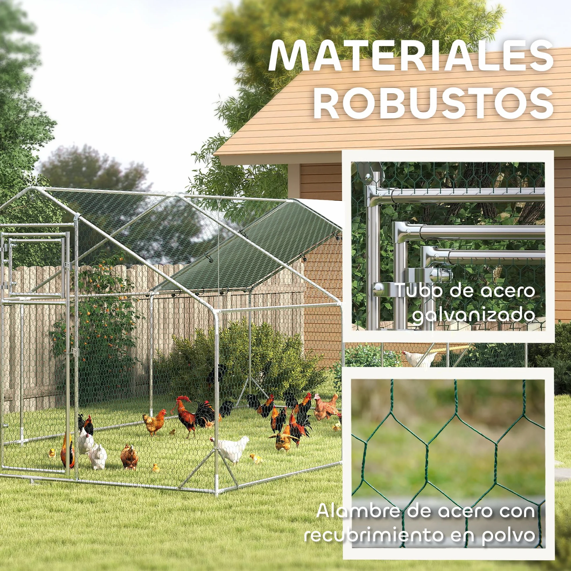 PawHut Gallinero Exterior 18 m² 3x6x1,95 m Acero Galvanizado para 18-24 Gallinas Impermeable Anti-UV