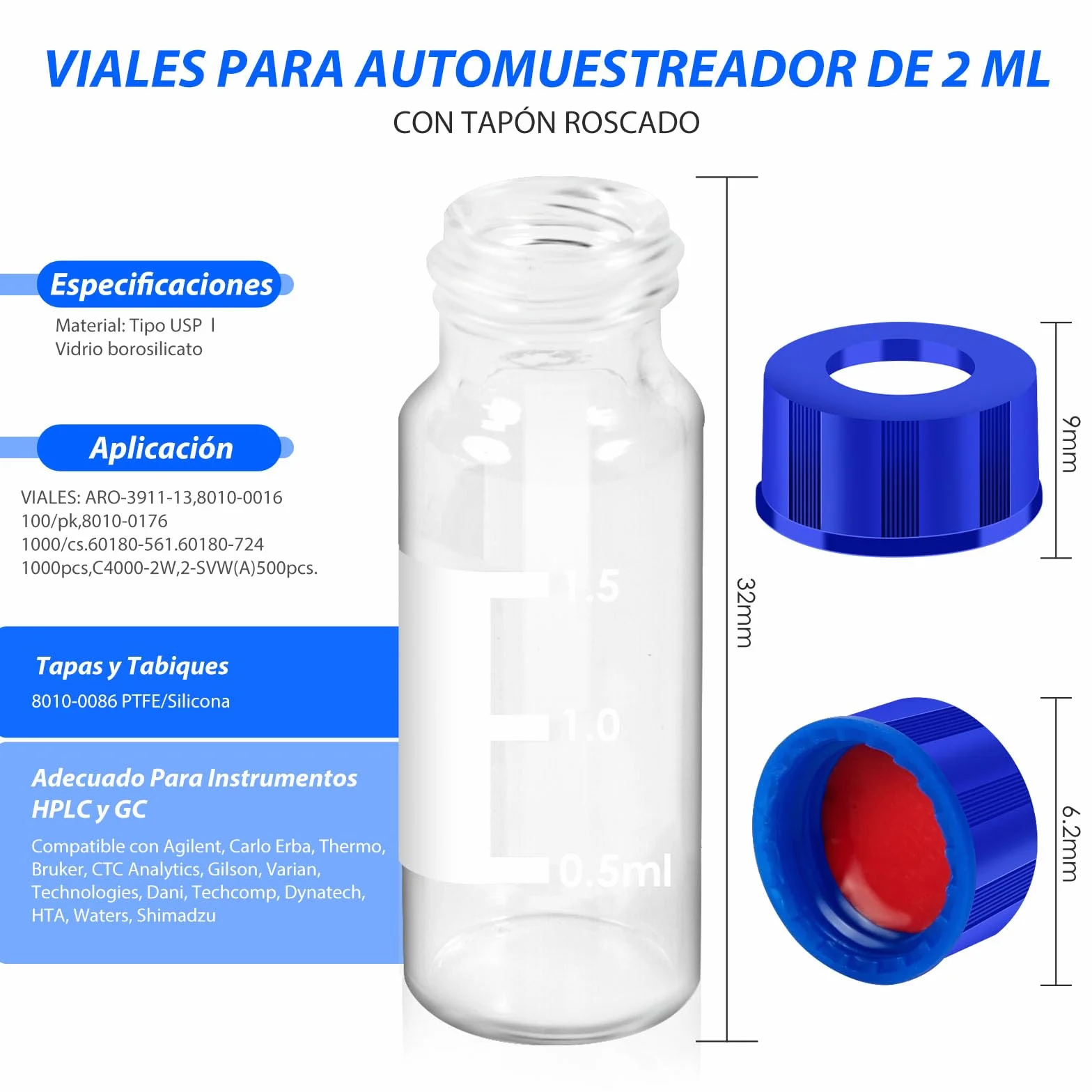 Frascos HPLC de 2 ml, 9-425, Viales Claro con Tapón de Rosca, PTFE Rojo y Septa de Silicona Blanca, 100 Pacs