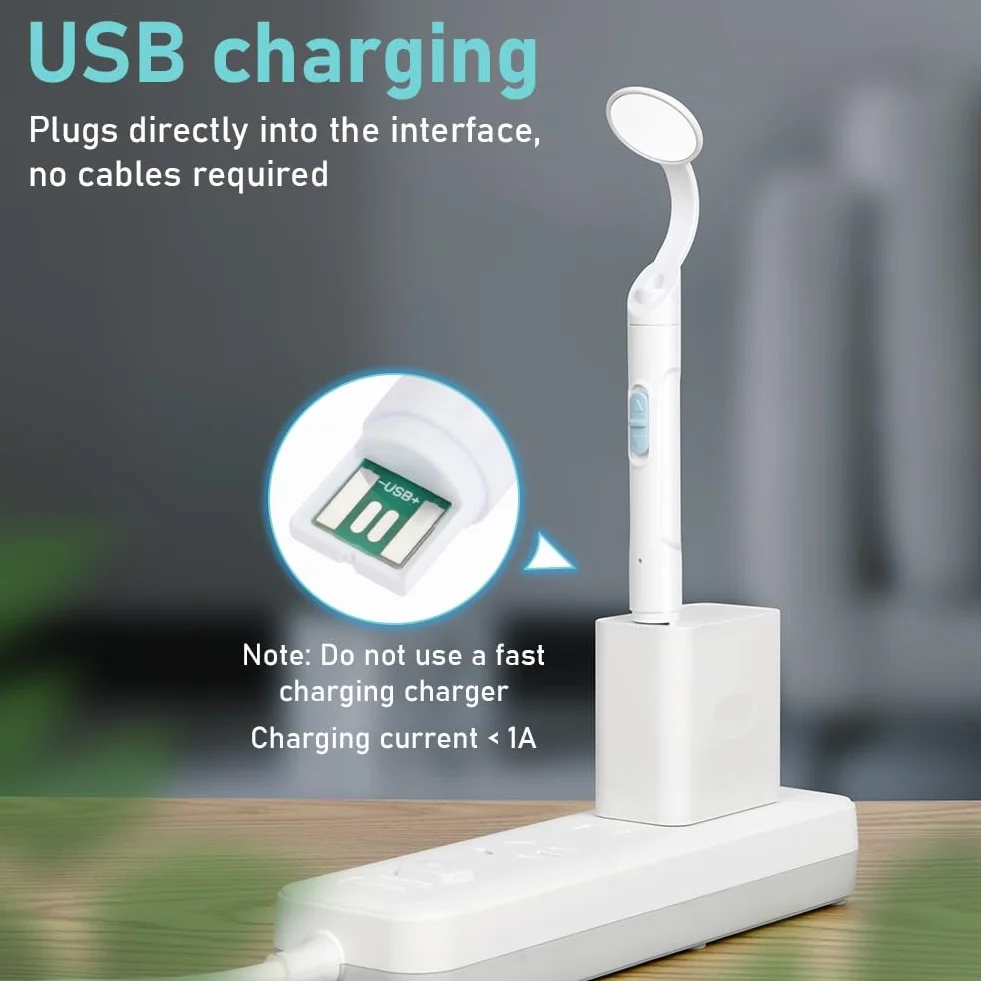 Flintronic Espejo Dental con Luz LED Recargable, 1 Pieza, Antivaho, Carga USB, 2 Modos de Luz, Azul