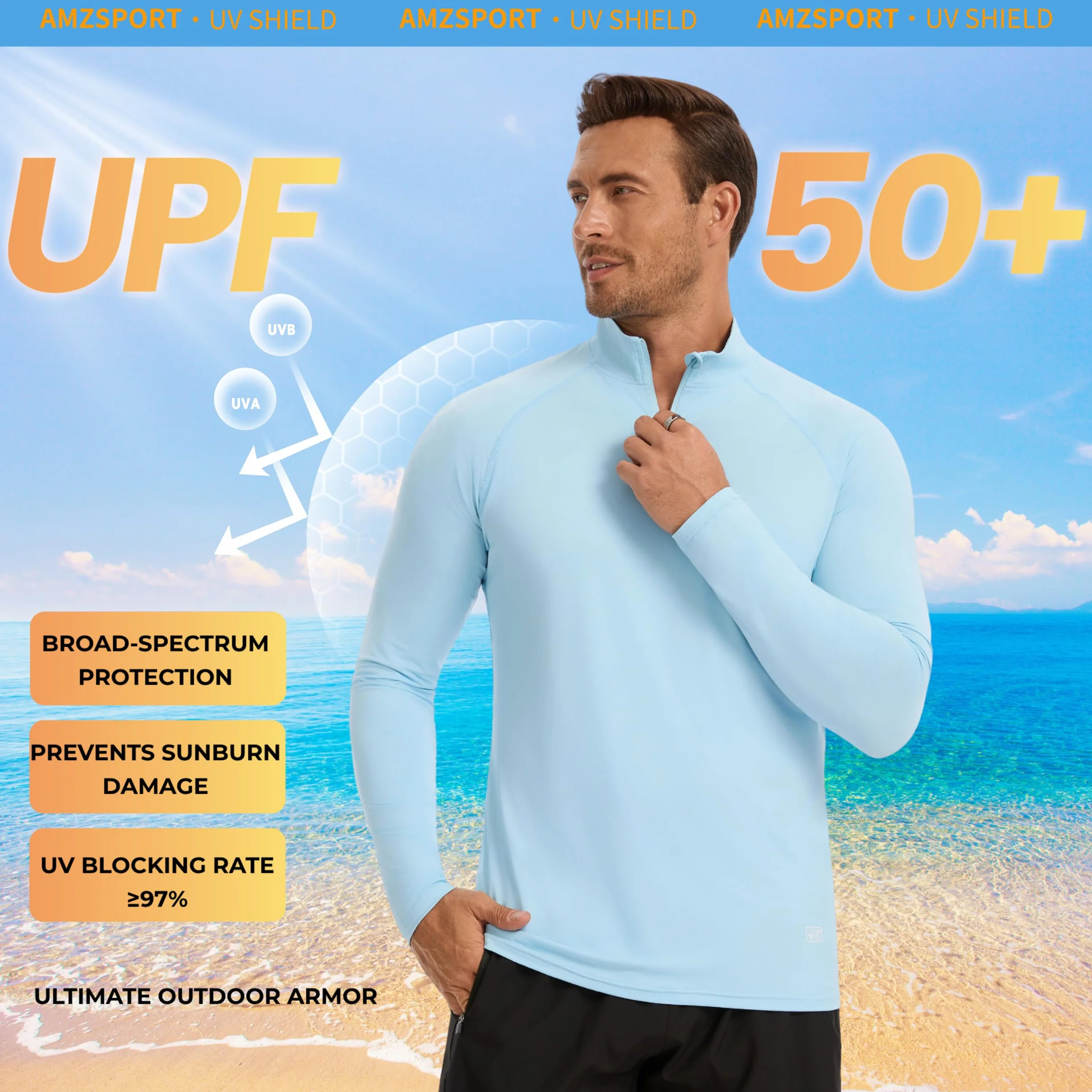 AMZSPORT Camiseta Hombre Manga Larga UV UPF 50+ Protección Solar Cremallera Secado Rápido