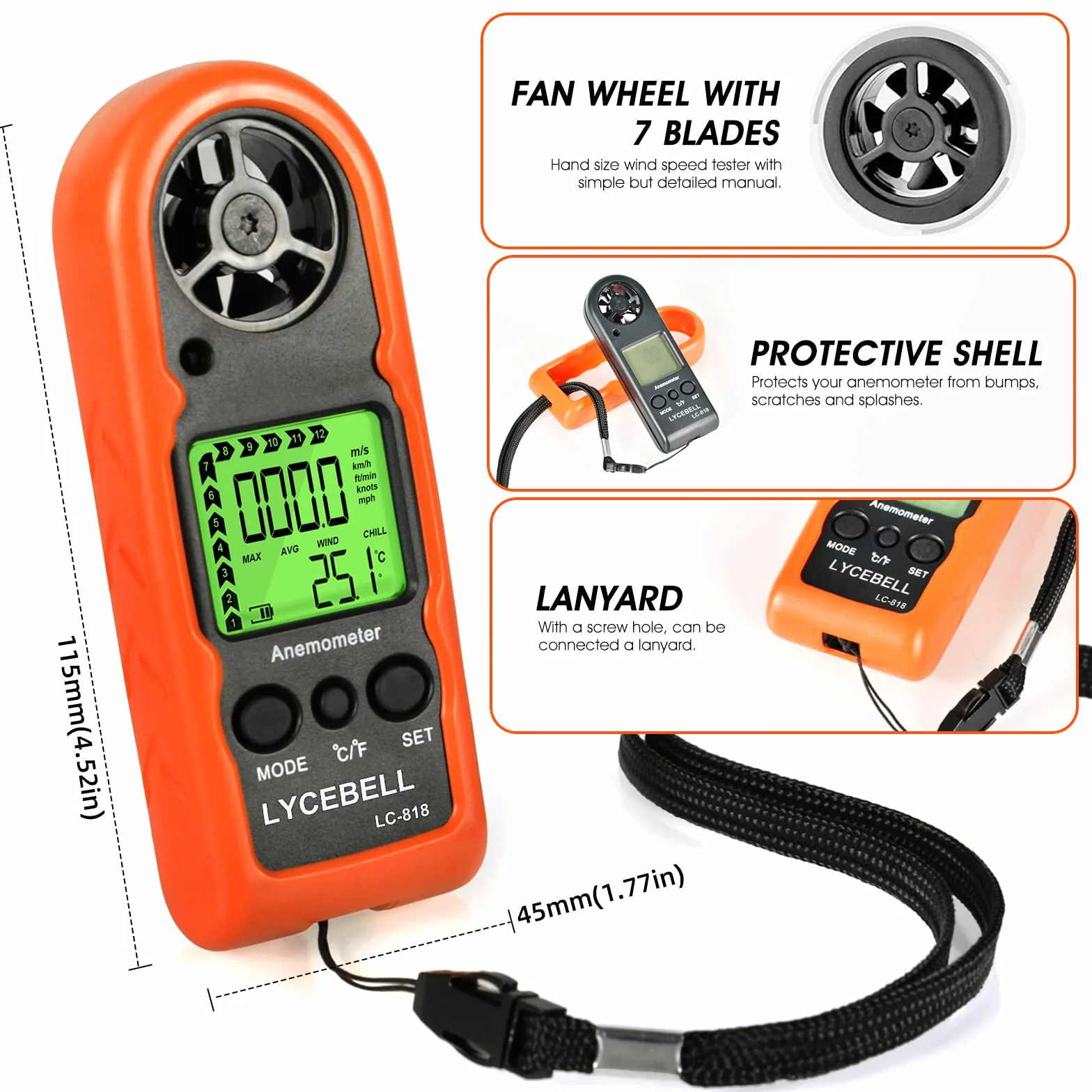 Anemómetro Digital de Mano LC-818 Portátil Medición Velocidad del Viento Temperatura