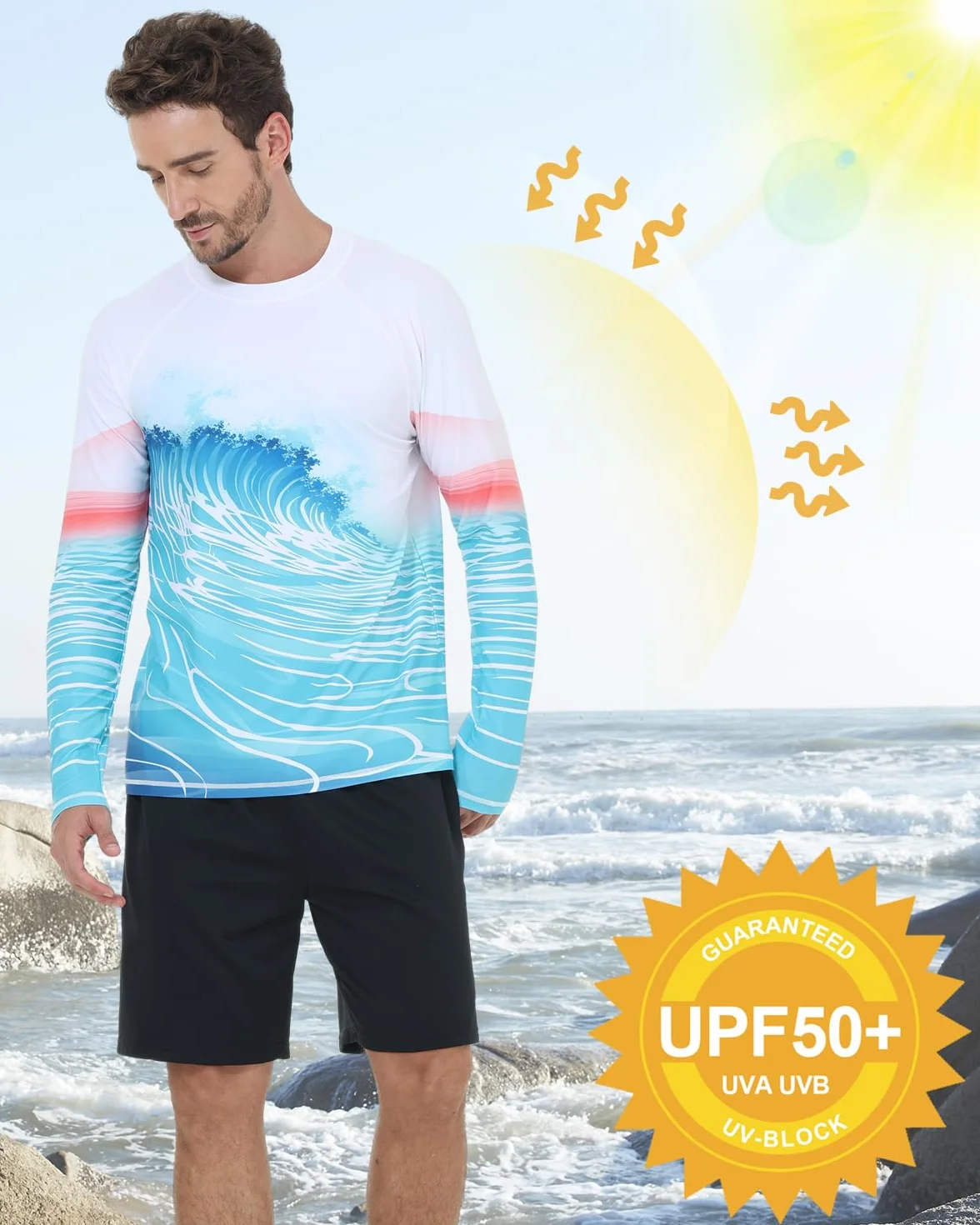 VAYAGER Camisetas de baño para Hombre UPF 50+ Rash Guard Manga Larga Protección UV Pesca