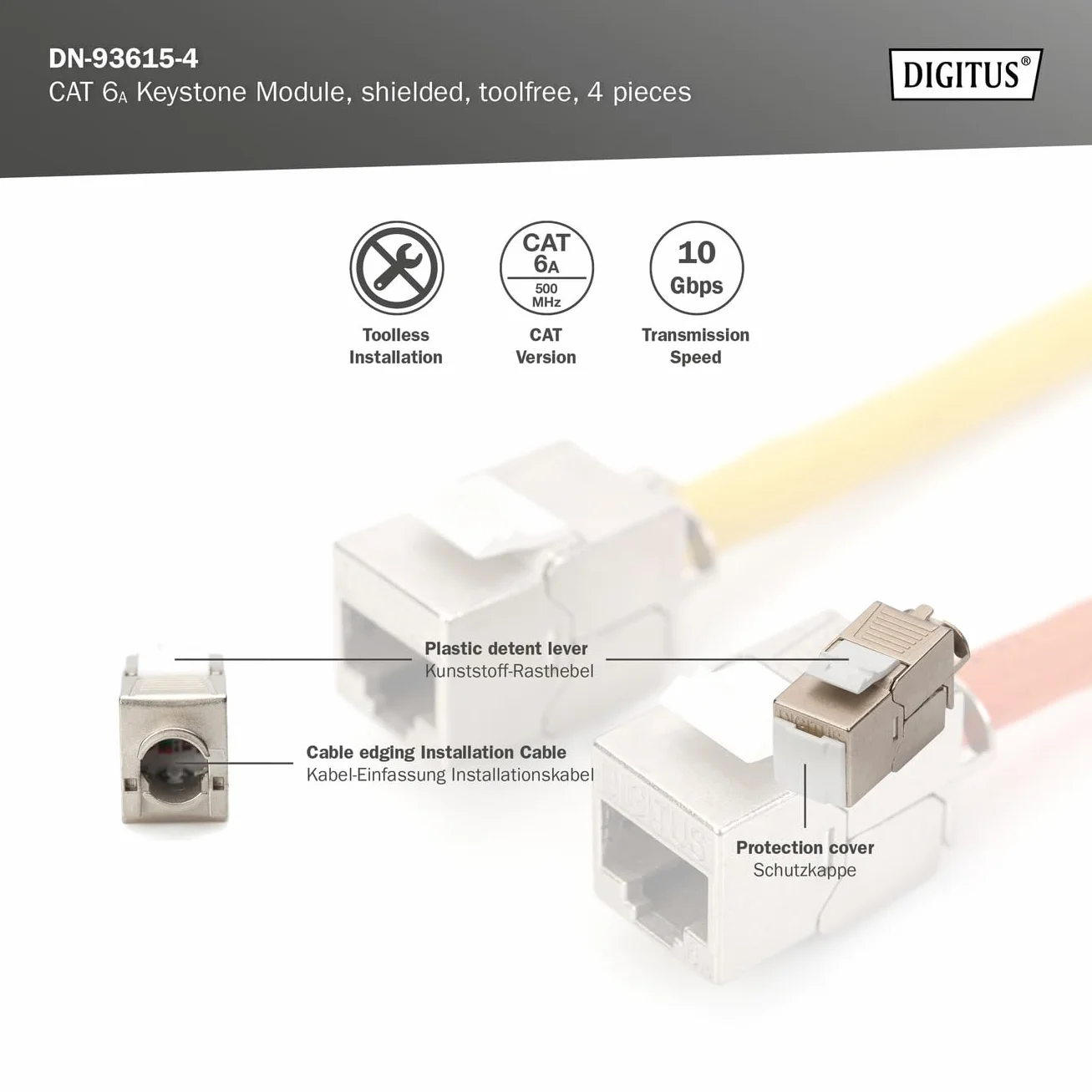 DIGITUS Módulo Keystone Cat-6A blindado RJ45 500 MHz 10GBase-T 4 unidades