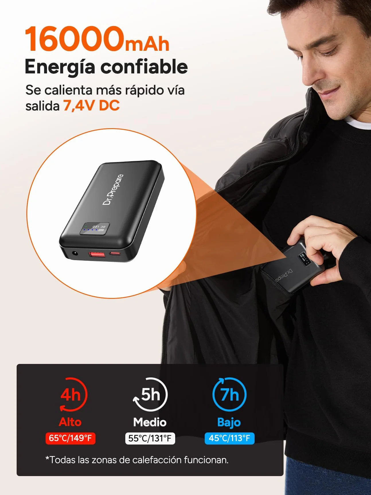 DR.PREPARE Chaleco Calefactable para Hombre y Mujer, Batería de 7,4 V 16000 mAh, 3 Niveles de Calefacción Doble Control 10 Zonas de Calentamiento Chaqueta Térmico para Esquí Pesca Senderismo Camping