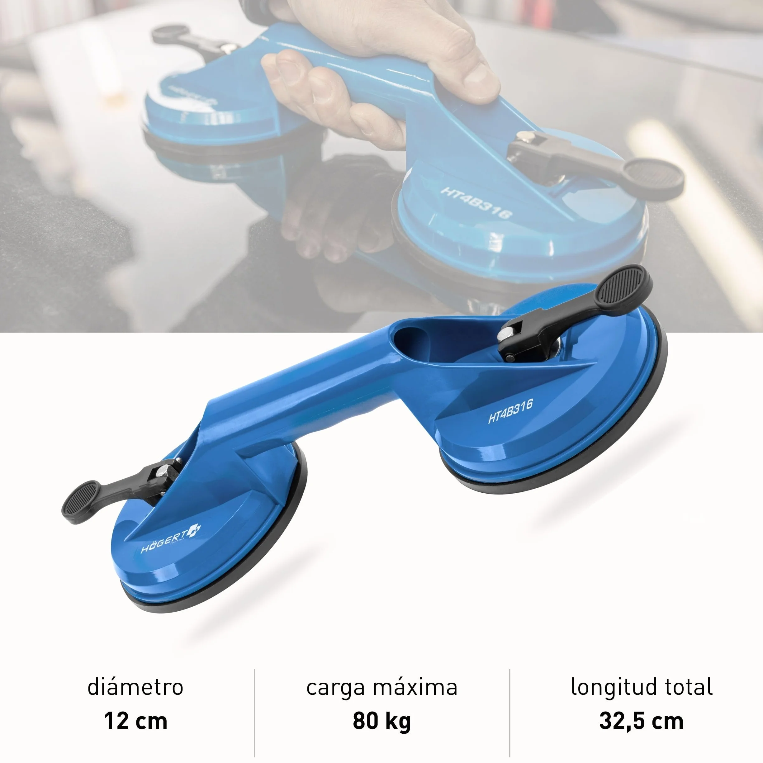 Högert Technik Elevador de succión resistente Doble ventosa 80 kg