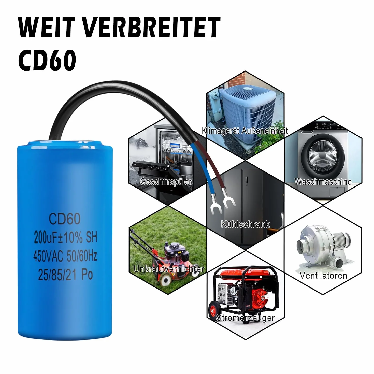 ANGEEK Condensador CD60 AC 450V 200uf 50/60Hz de Arranque y Marcha para Motor